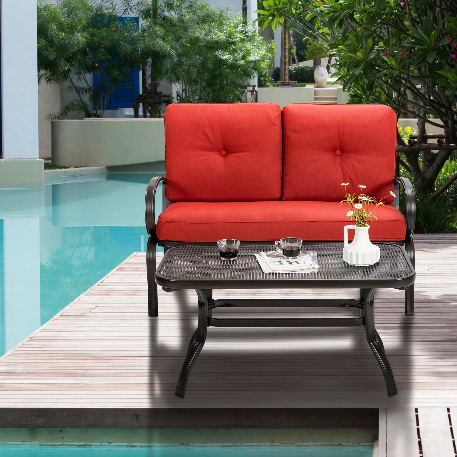 2 Piece Patio Outdoor Cushioned Coffee Table Seat, Red - Image 8