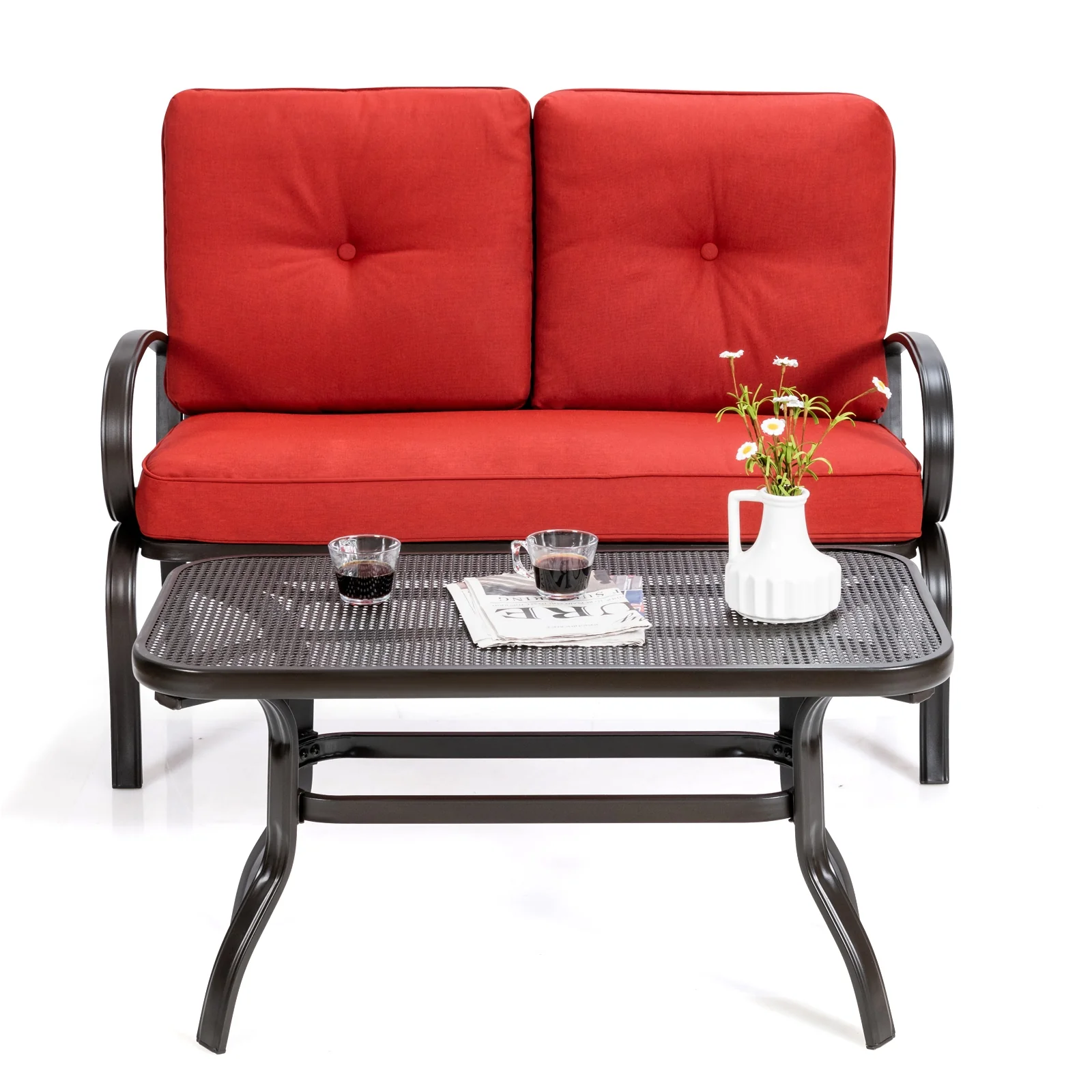 2 Piece Patio Outdoor Cushioned Coffee Table Seat, Red - Image 9