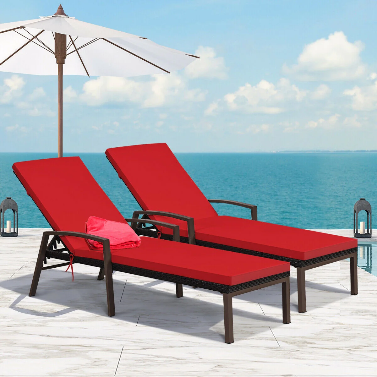 2 Piece Patio Rattan Adjustable Lounge Chair, Red - Image 2