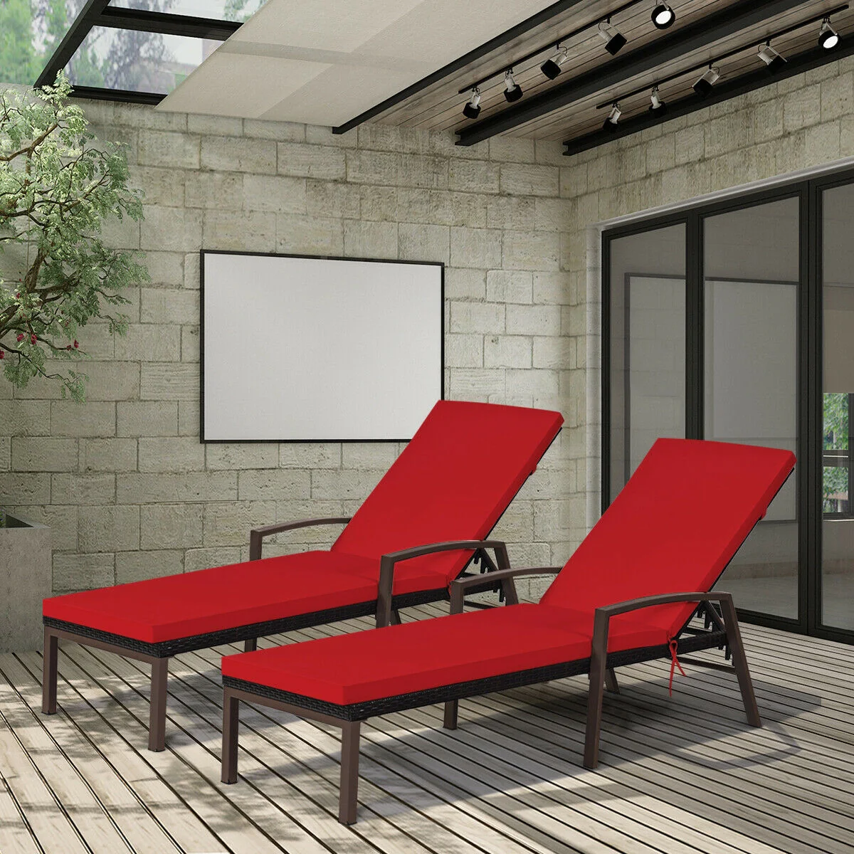 2 Piece Patio Rattan Adjustable Lounge Chair, Red - Image 3