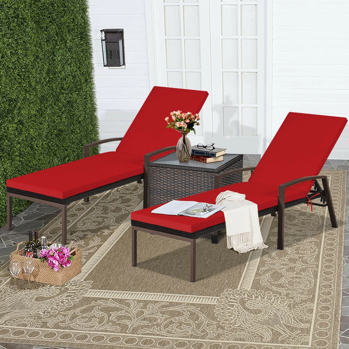 2 Piece Patio Rattan Adjustable Lounge Chair, Red - Image 7