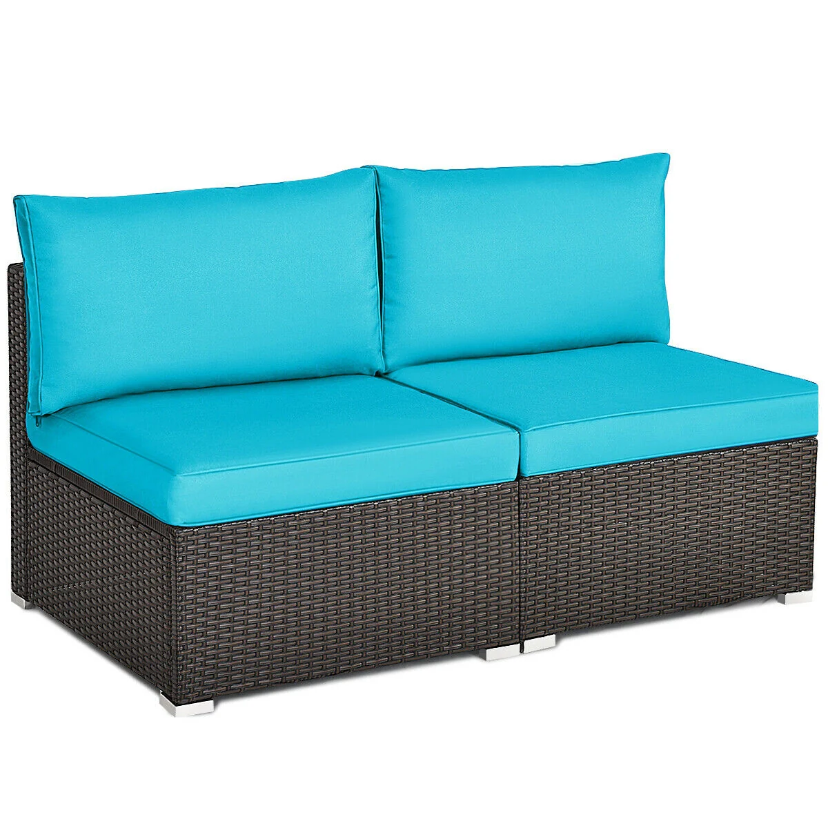 2 Piece Patio Rattan Armless Sofa Set, With Cushions And Pillows, Blue - Image 4