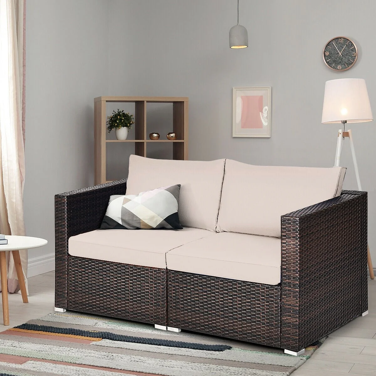 2 Piece Patio Rattan Sectional Conversation Sofa Set, Beige - Image 2
