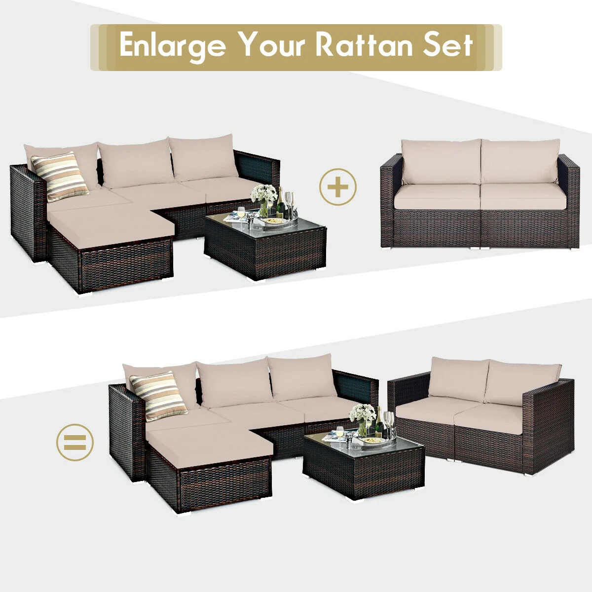 2 Piece Patio Rattan Sectional Conversation Sofa Set, Beige - Image 8