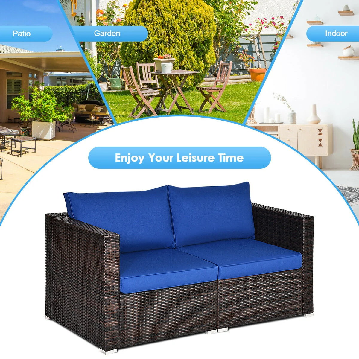 2-Piece Patio Rattan Sectional Conversation Sofa Set, Navy - Image 3