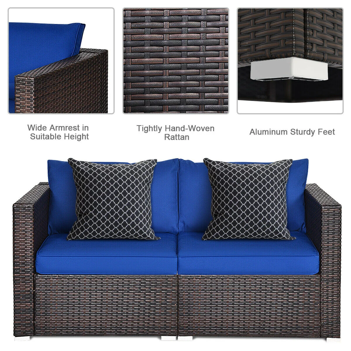 2-Piece Patio Rattan Sectional Conversation Sofa Set, Navy - Image 6