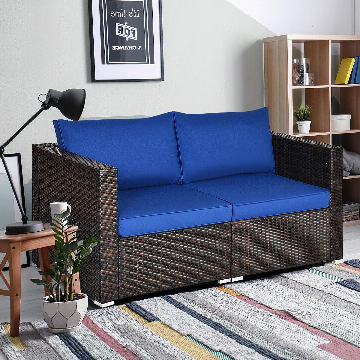 2-Piece Patio Rattan Sectional Conversation Sofa Set, Navy - Image 7