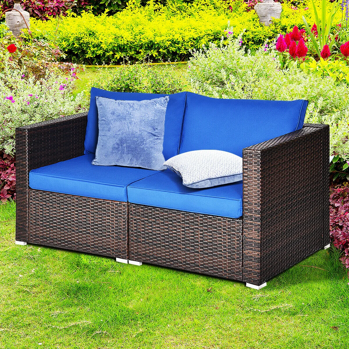 2-Piece Patio Rattan Sectional Conversation Sofa Set, Navy - Image 8