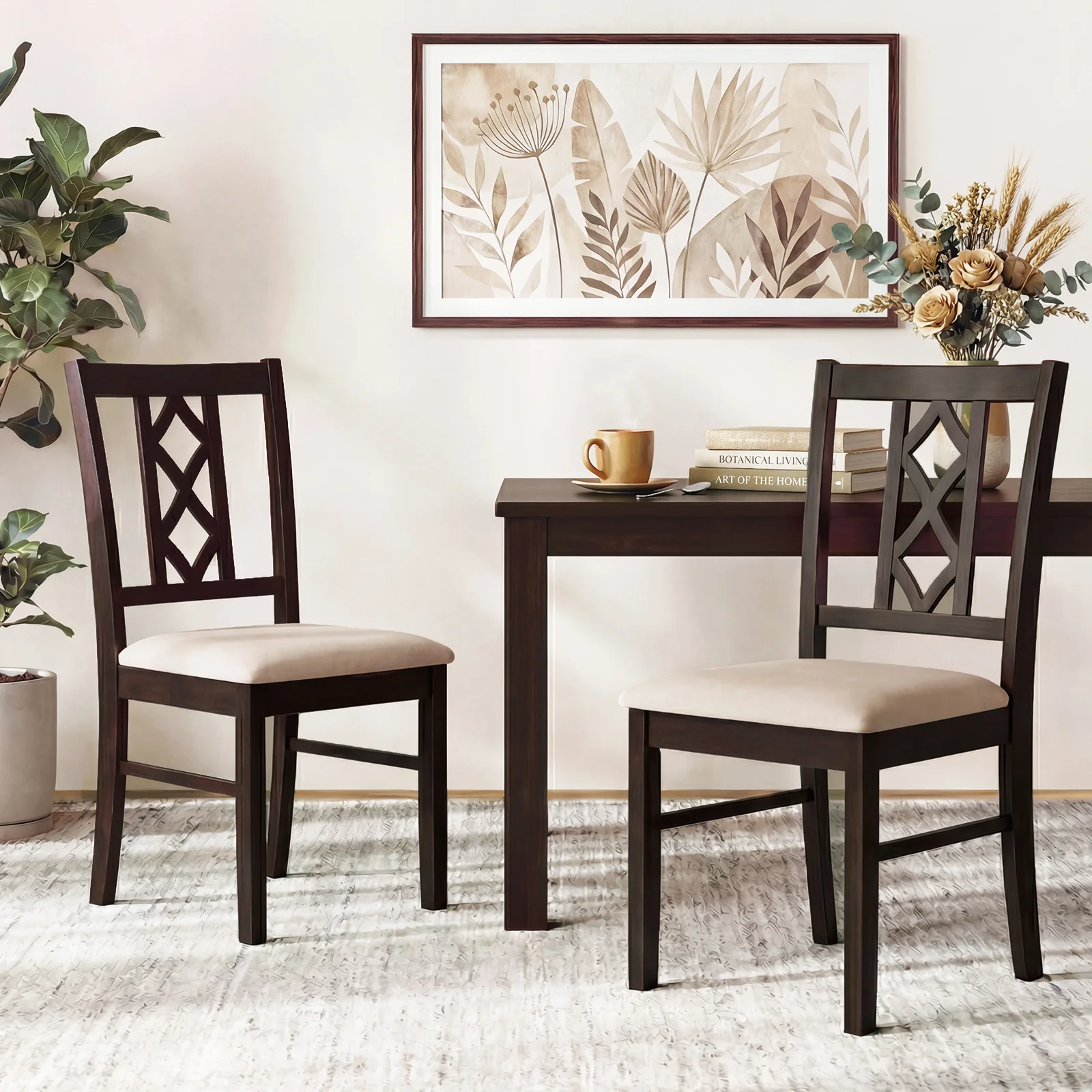 2-Piece Rubber Wood Dining Chairs, Hollowed Backrest, Walnut - Image 2