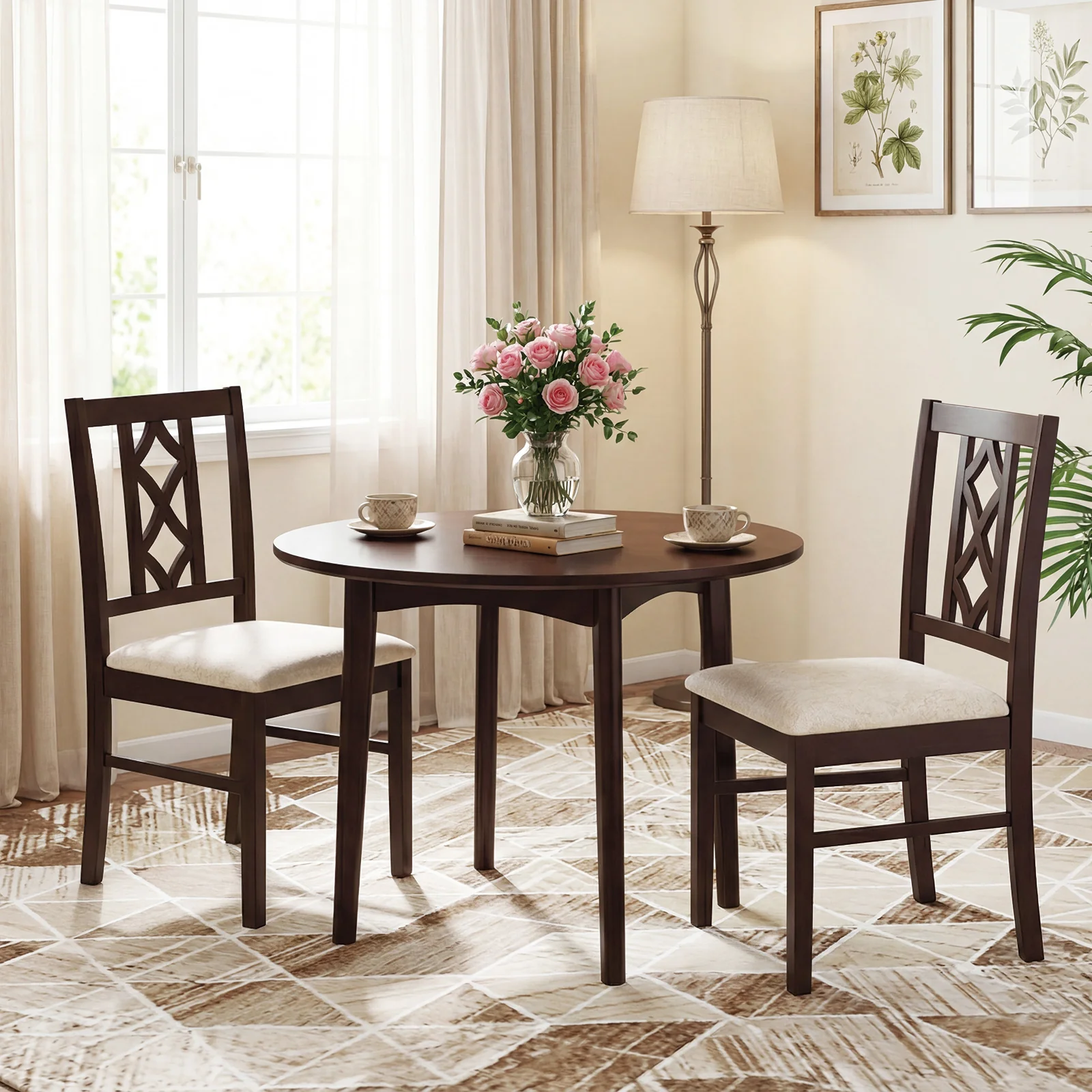 2-Piece Rubber Wood Dining Chairs, Hollowed Backrest, Walnut - Image 3