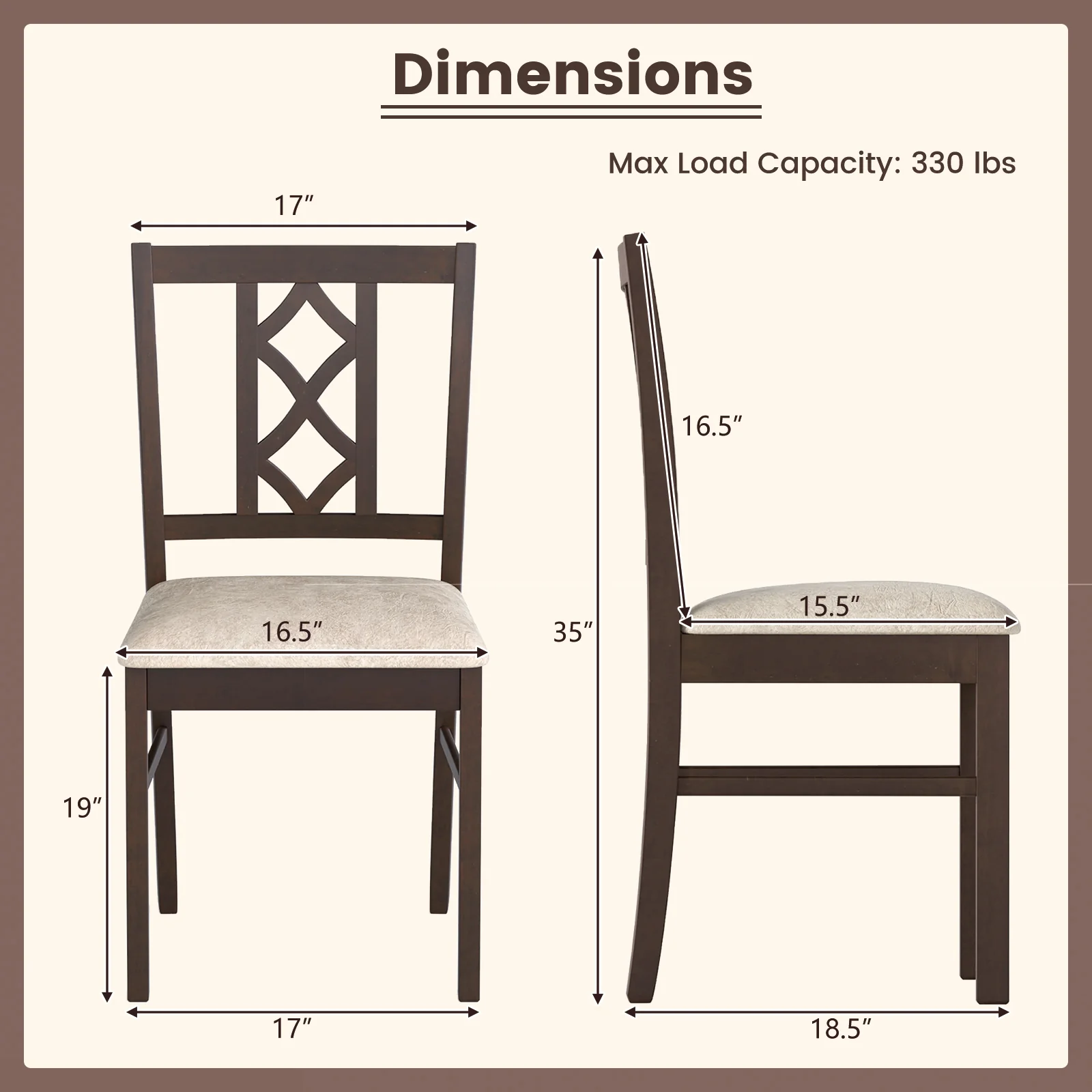 2-Piece Rubber Wood Dining Chairs, Hollowed Backrest, Walnut - Image 4