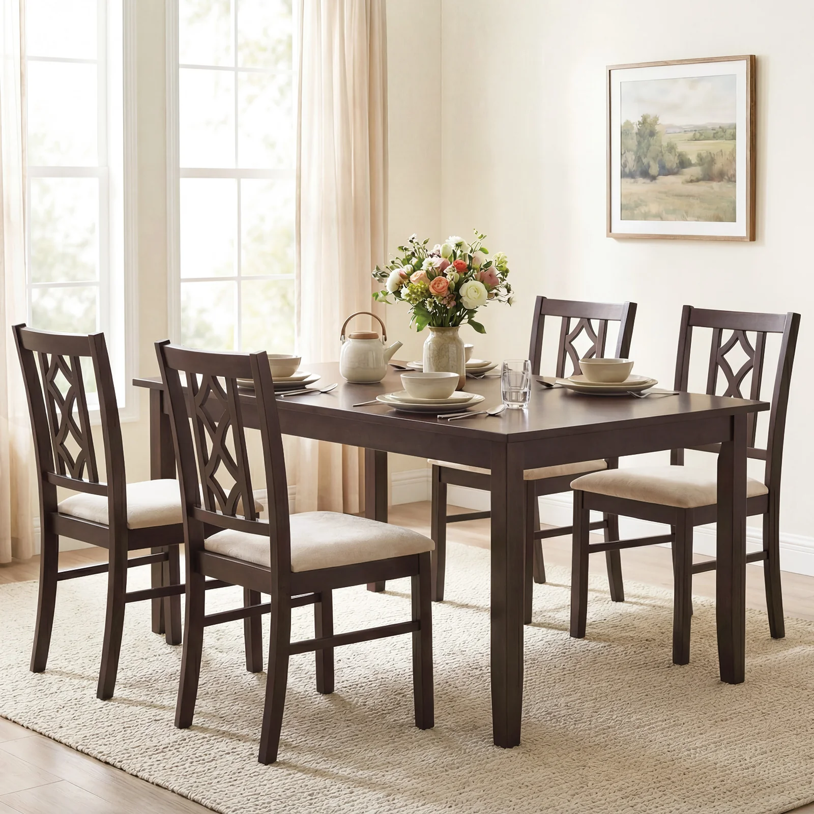2-Piece Rubber Wood Dining Chairs, Hollowed Backrest, Walnut - Image 6