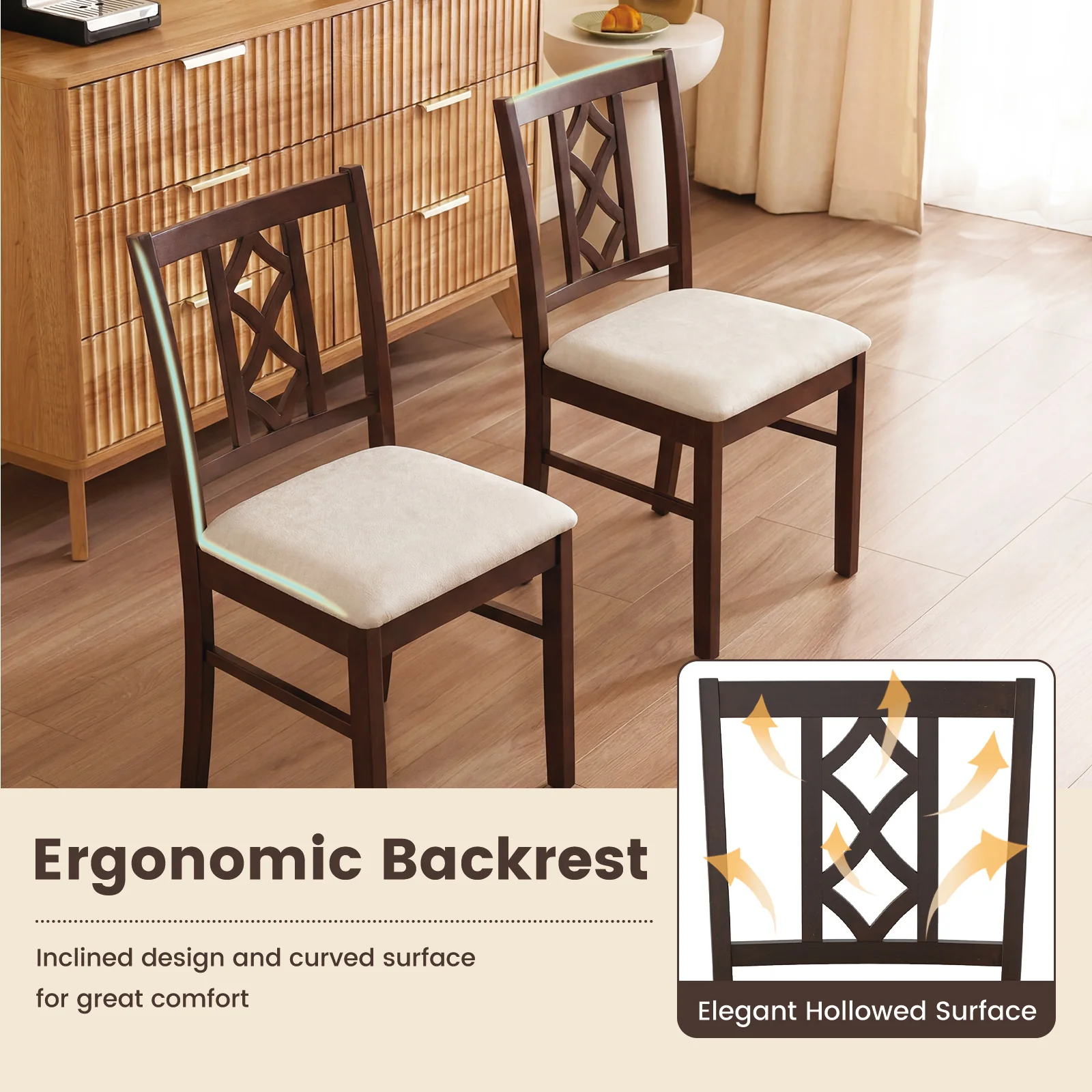 2-Piece Rubber Wood Dining Chairs, Hollowed Backrest, Walnut - Image 7