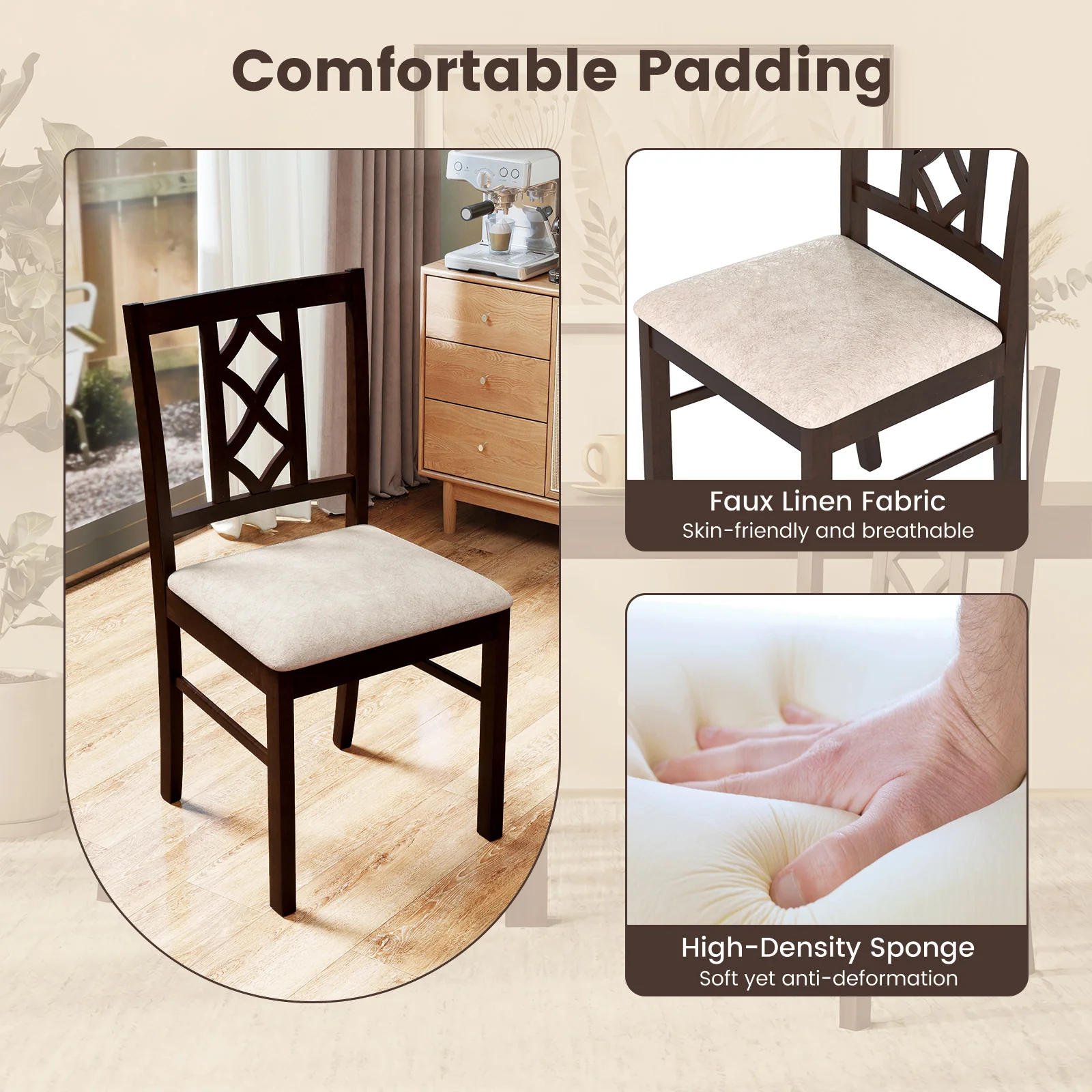2-Piece Rubber Wood Dining Chairs, Hollowed Backrest, Walnut - Image 8