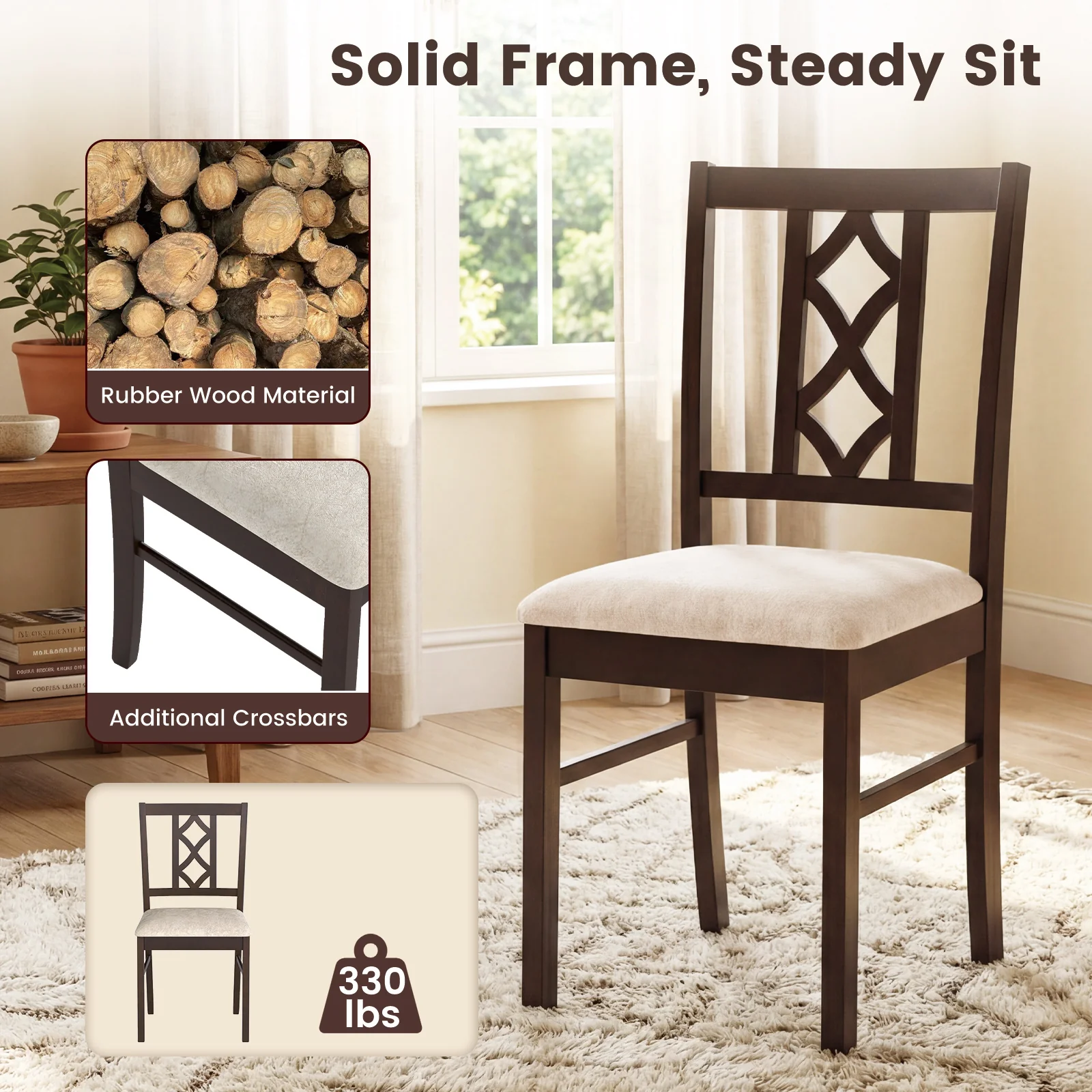 2-Piece Rubber Wood Dining Chairs, Hollowed Backrest, Walnut - Image 9
