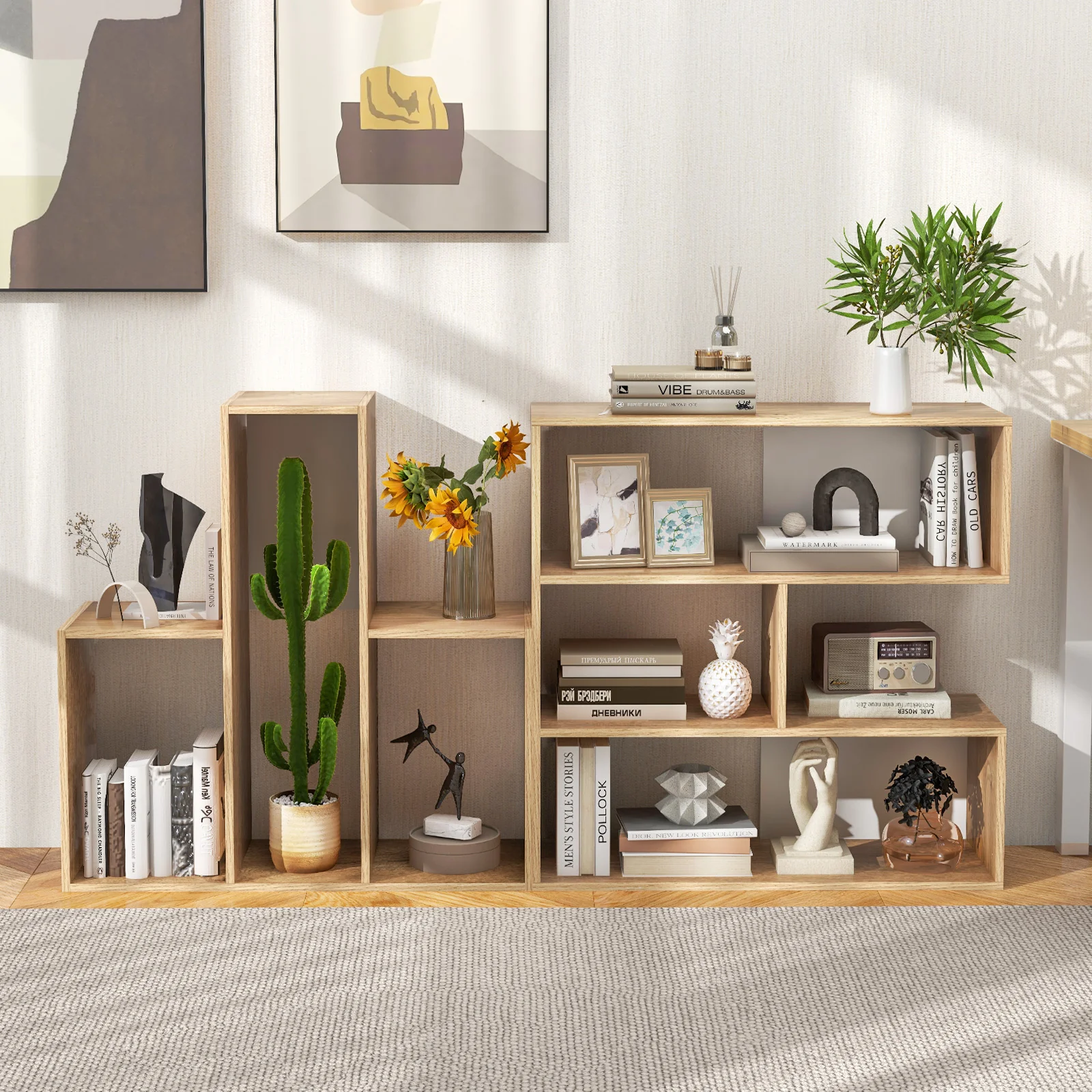 2-Piece Separable Bookshelf, Floor Standing Corner Display Storage, Natural - Image 7