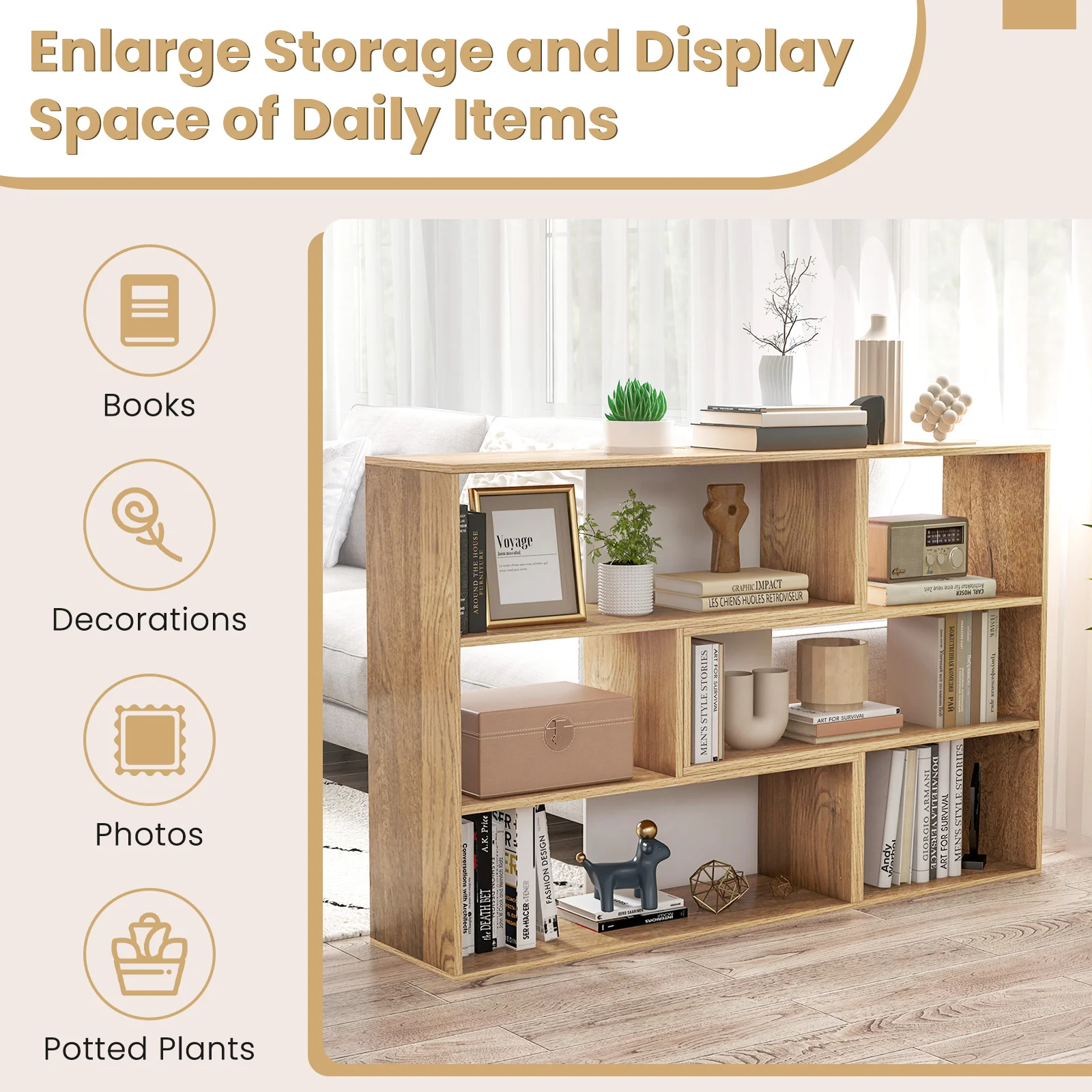 2-Piece Separable Bookshelf, Floor Standing Corner Display Storage, Natural - Image 8