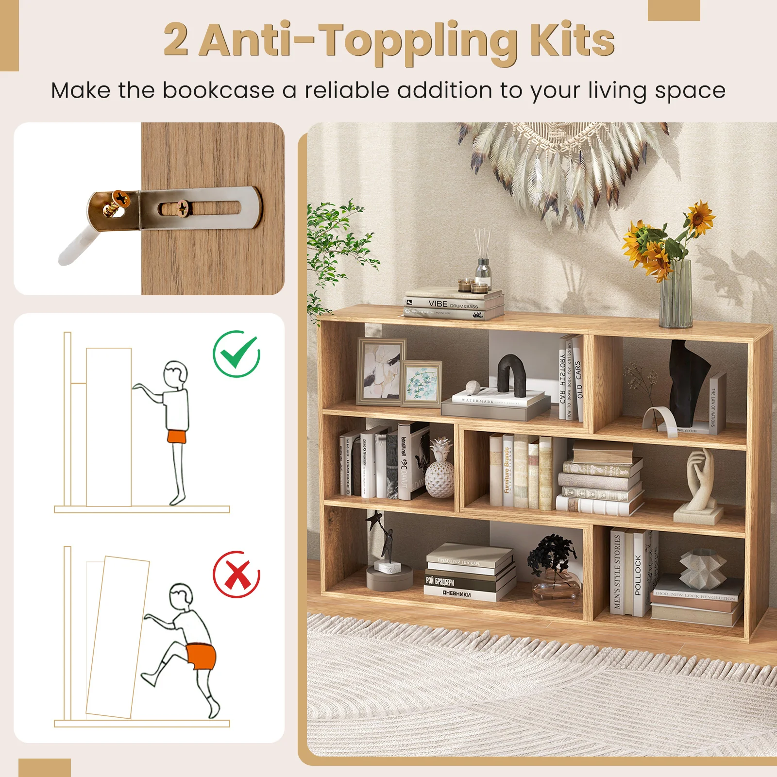2-Piece Separable Bookshelf, Floor Standing Corner Display Storage, Natural - Image 9