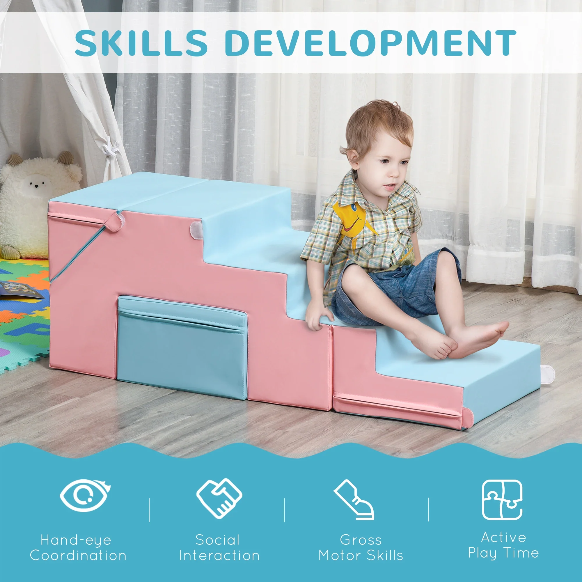 2-Piece Soft Play Kids Foam Set, for Crawl and Climb, Light Blue - Image 7