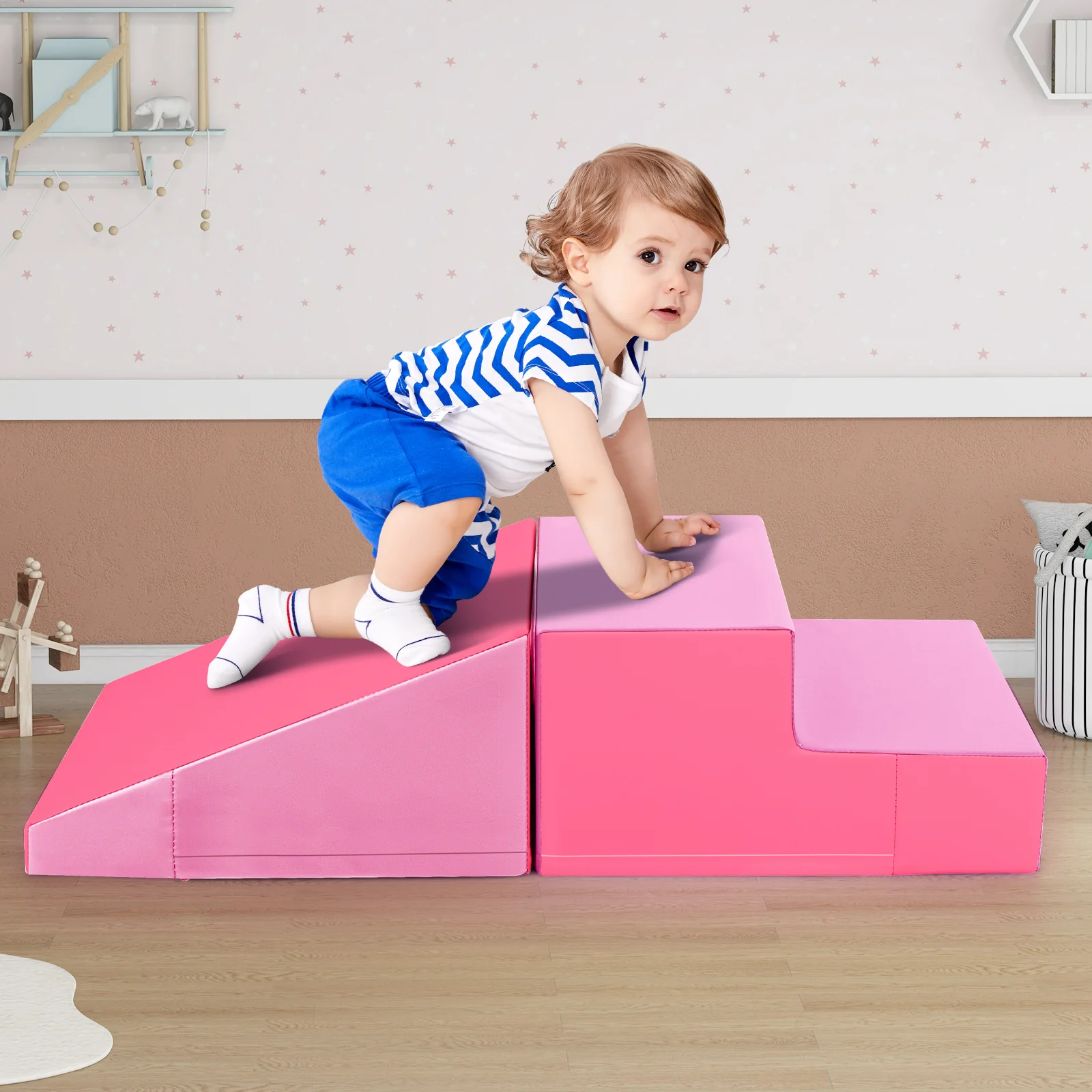 2-Piece Step And Slide Climber, Soft Play Set Foam Blocks, Pink - Image 3