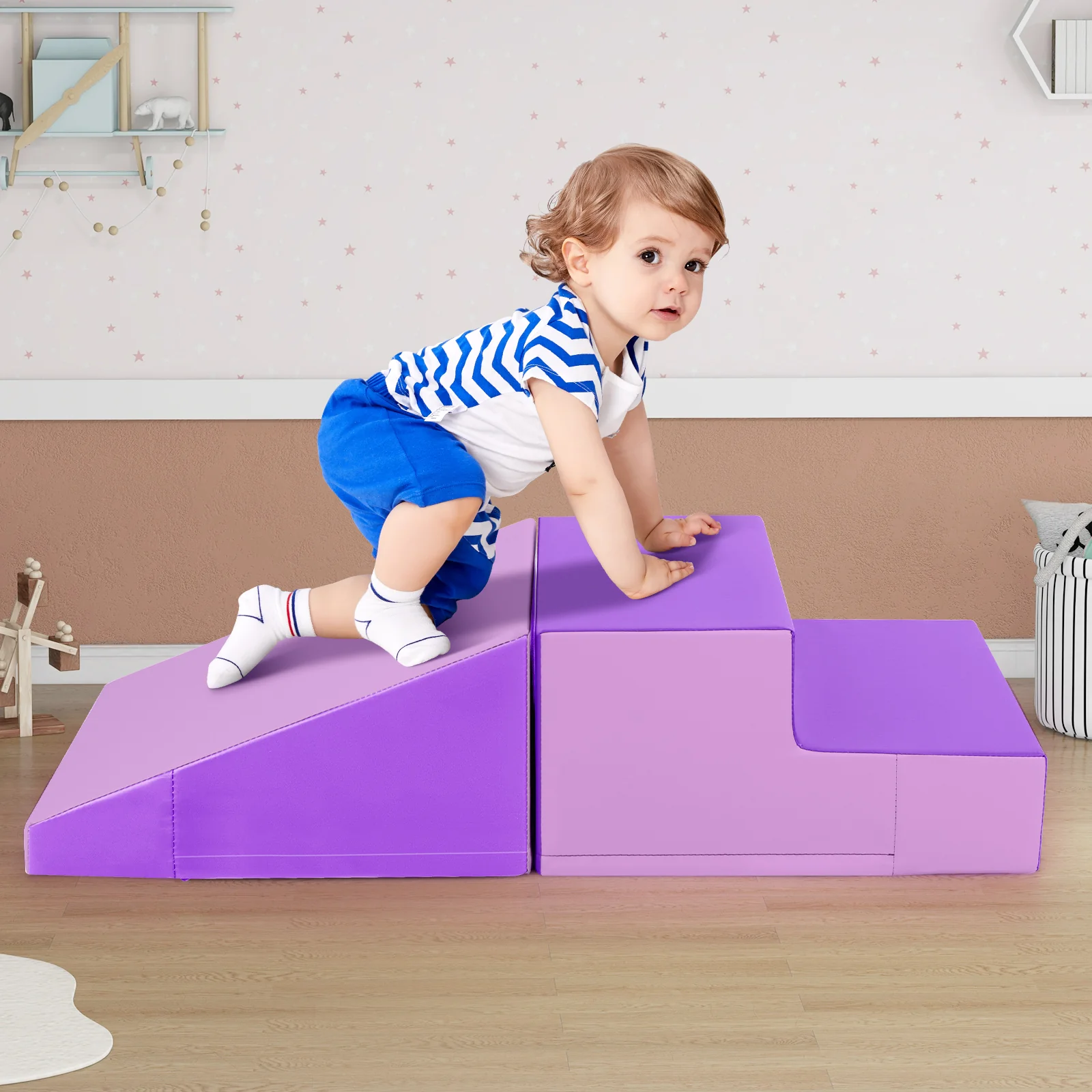 2-Piece Step And Slide Climber, Soft Play Set Foam Blocks, Purple - Image 2