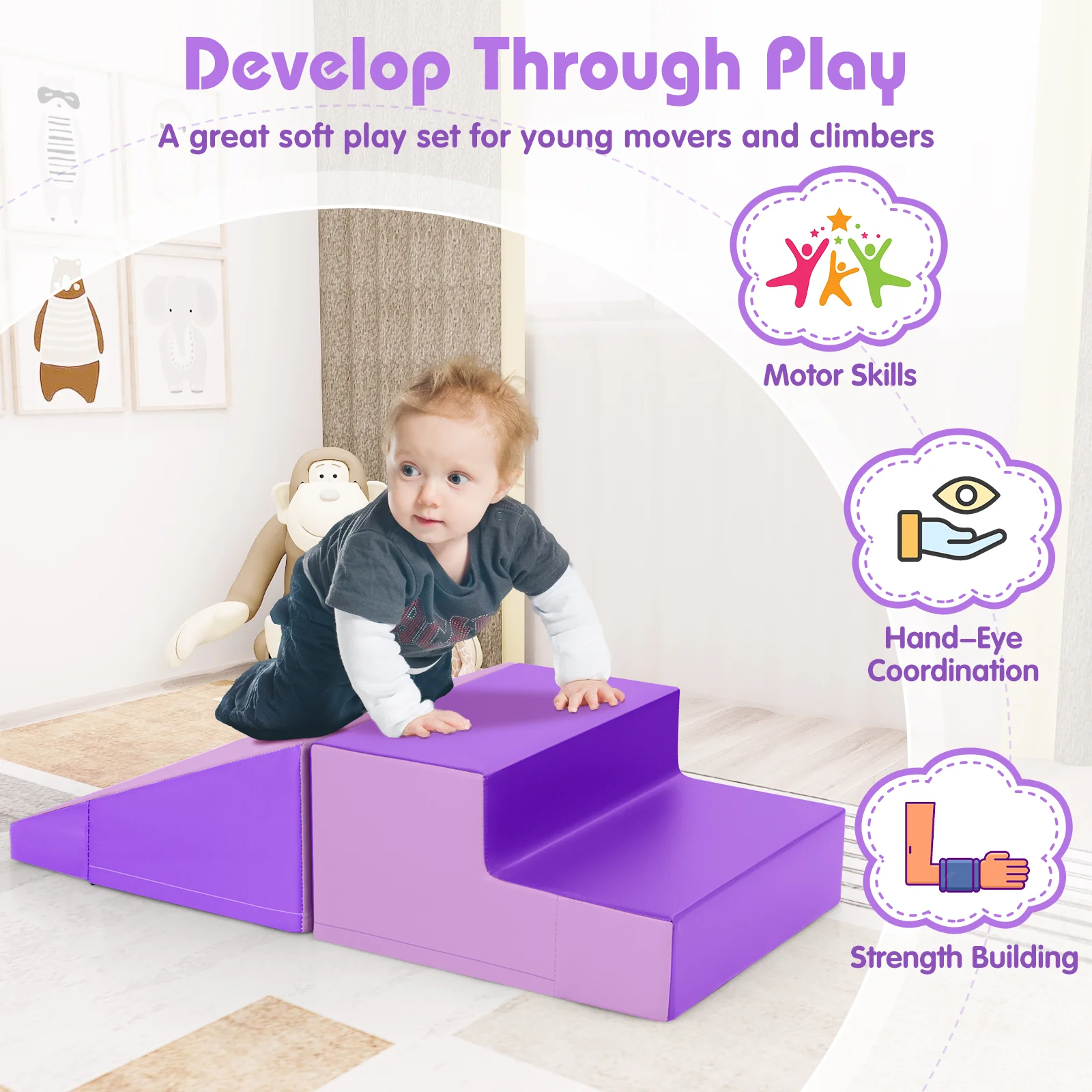2-Piece Step And Slide Climber, Soft Play Set Foam Blocks, Purple - Image 9