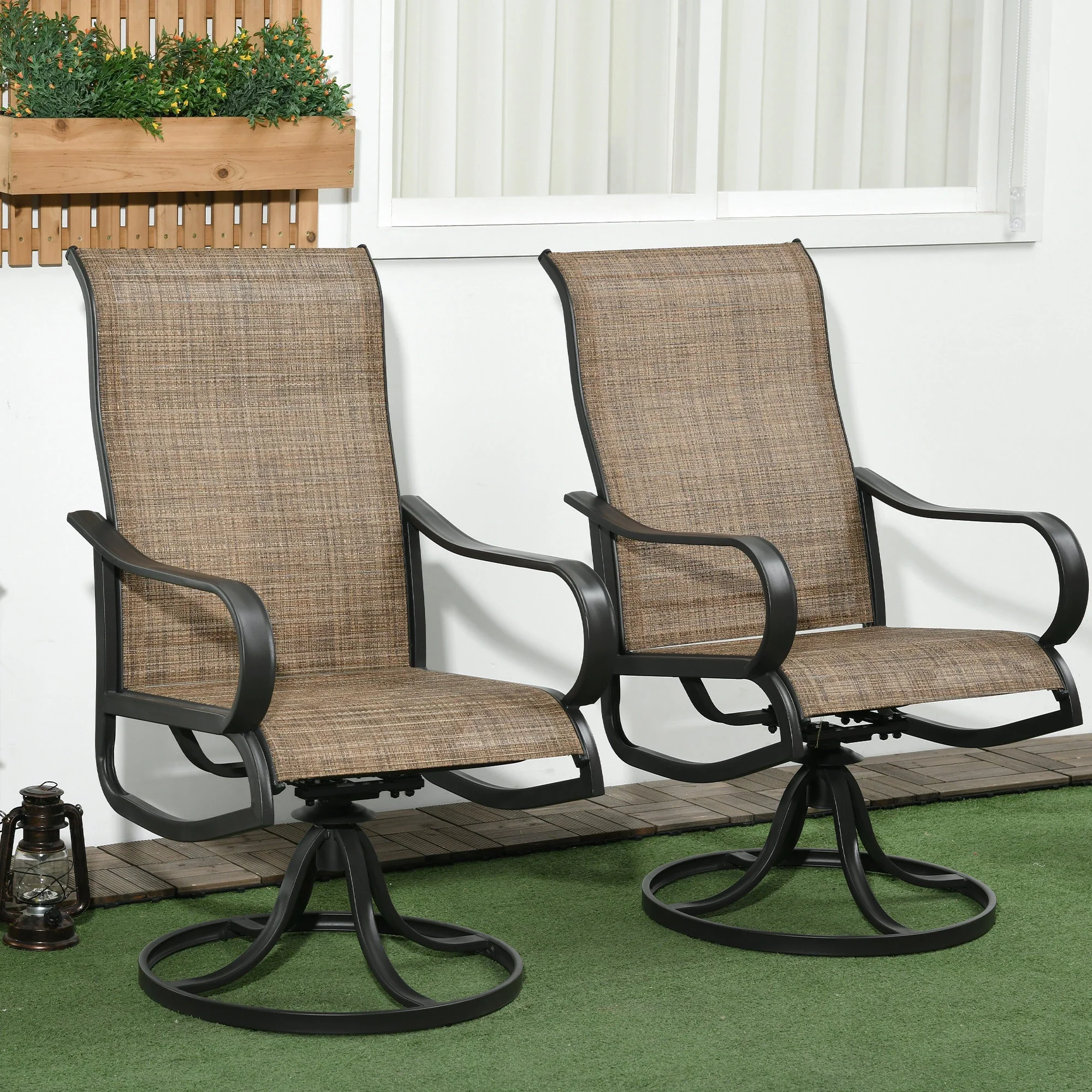 2-Piece Swivel Patio Dining Chairs, 360° Rocking, Brown - Image 2