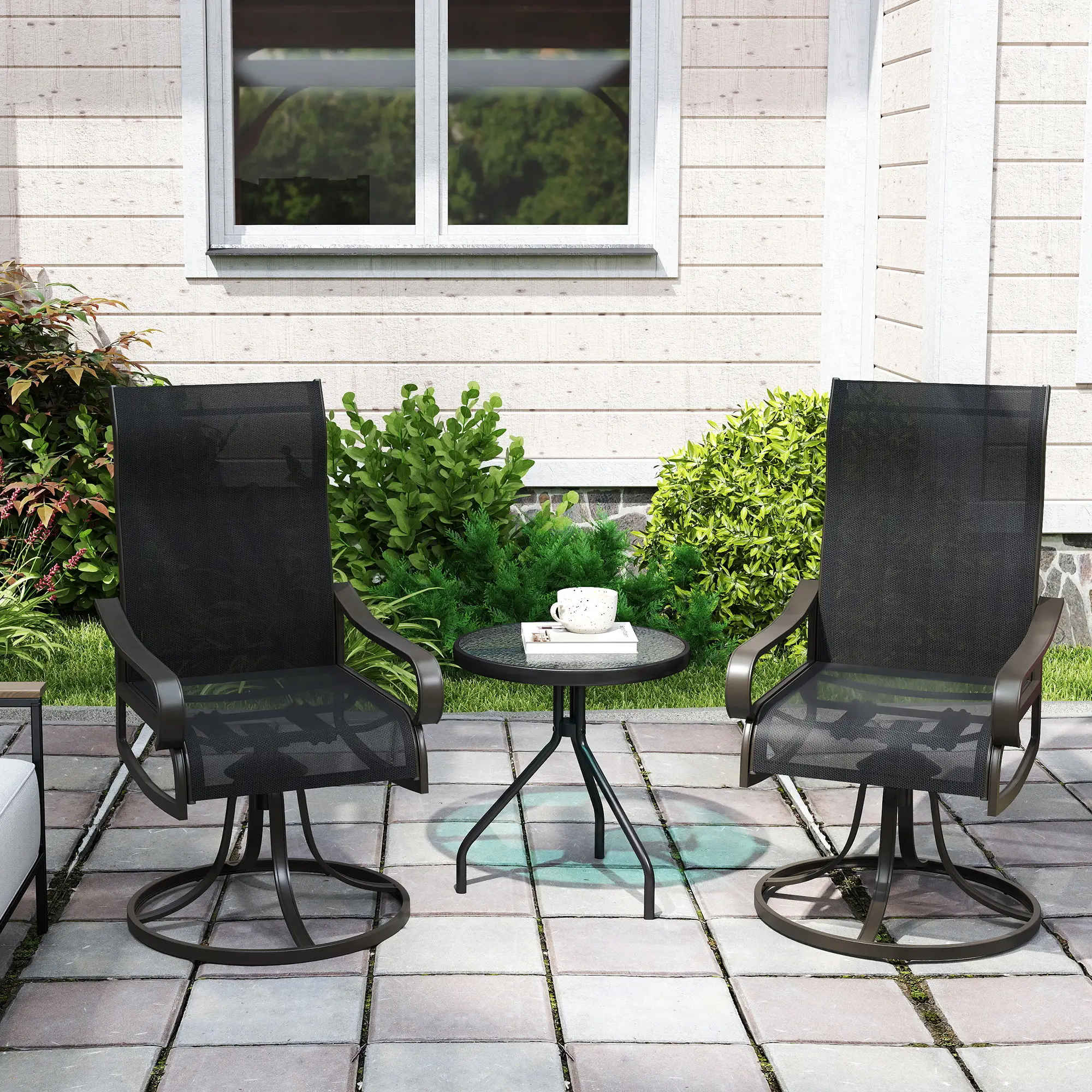 2-Piece Swivel Patio Dining Chairs, 360° Swivel Rocking, Black - Image 2