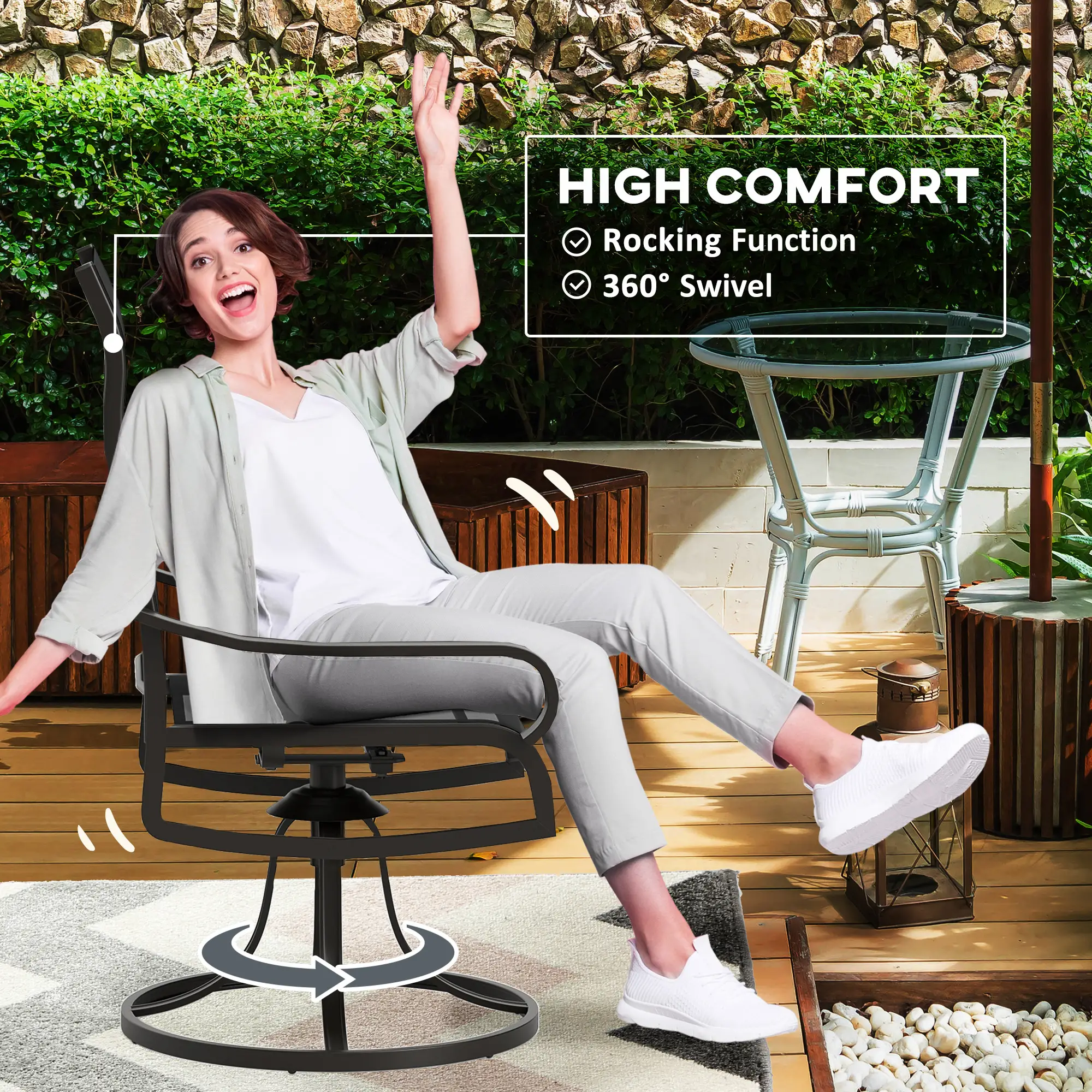 2-Piece Swivel Patio Dining Chairs, 360° Swivel Rocking, Black - Image 5
