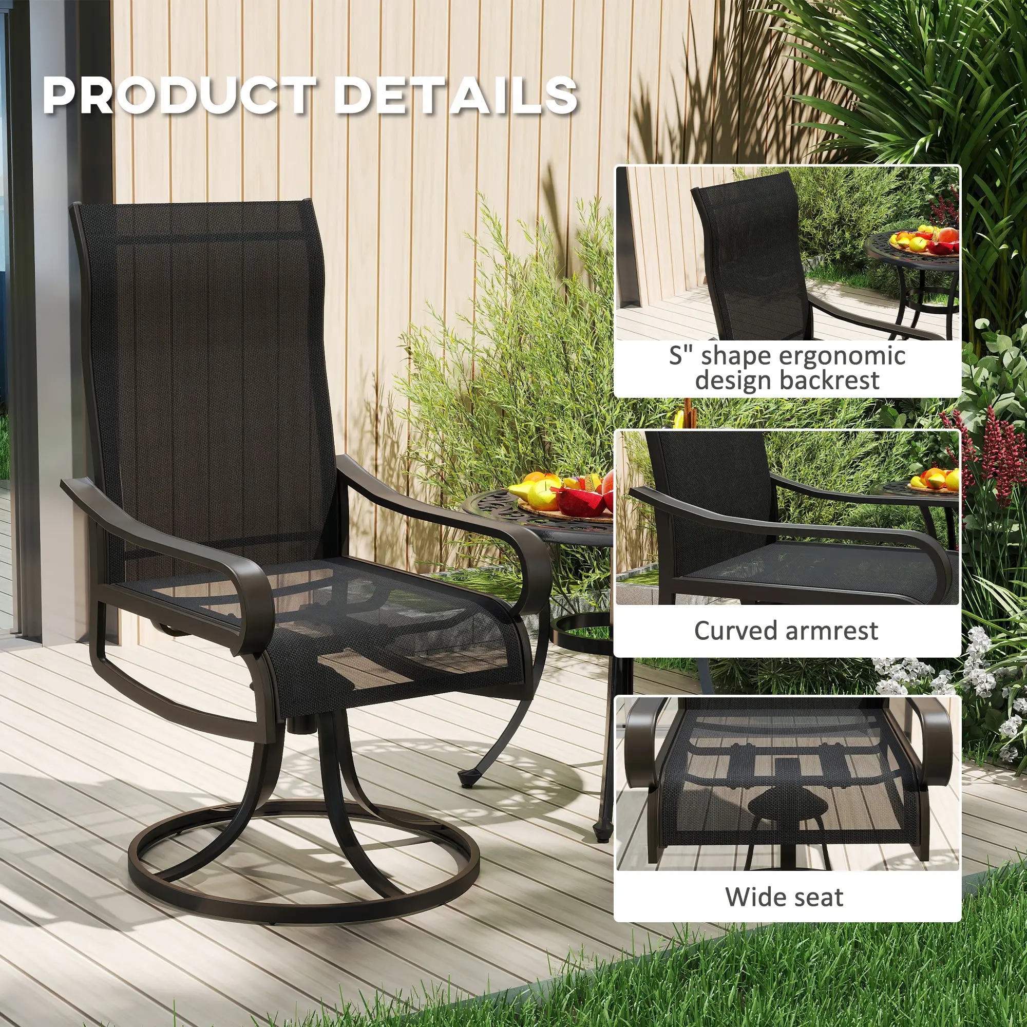 2-Piece Swivel Patio Dining Chairs, 360° Swivel Rocking, Black - Image 7