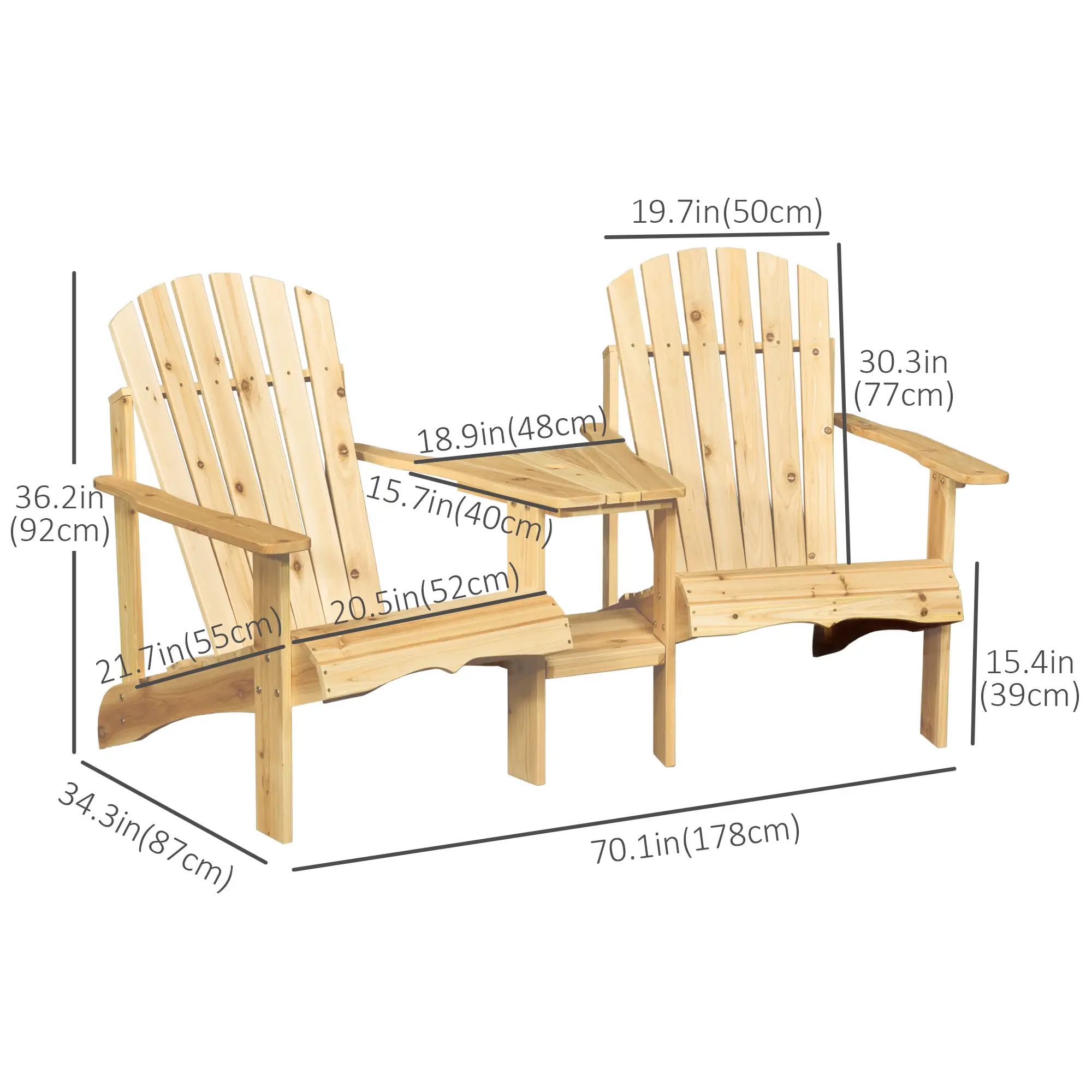 2 Piece Wood Adirondack Chair, Porch Bench w/ Table, Natural - Image 3