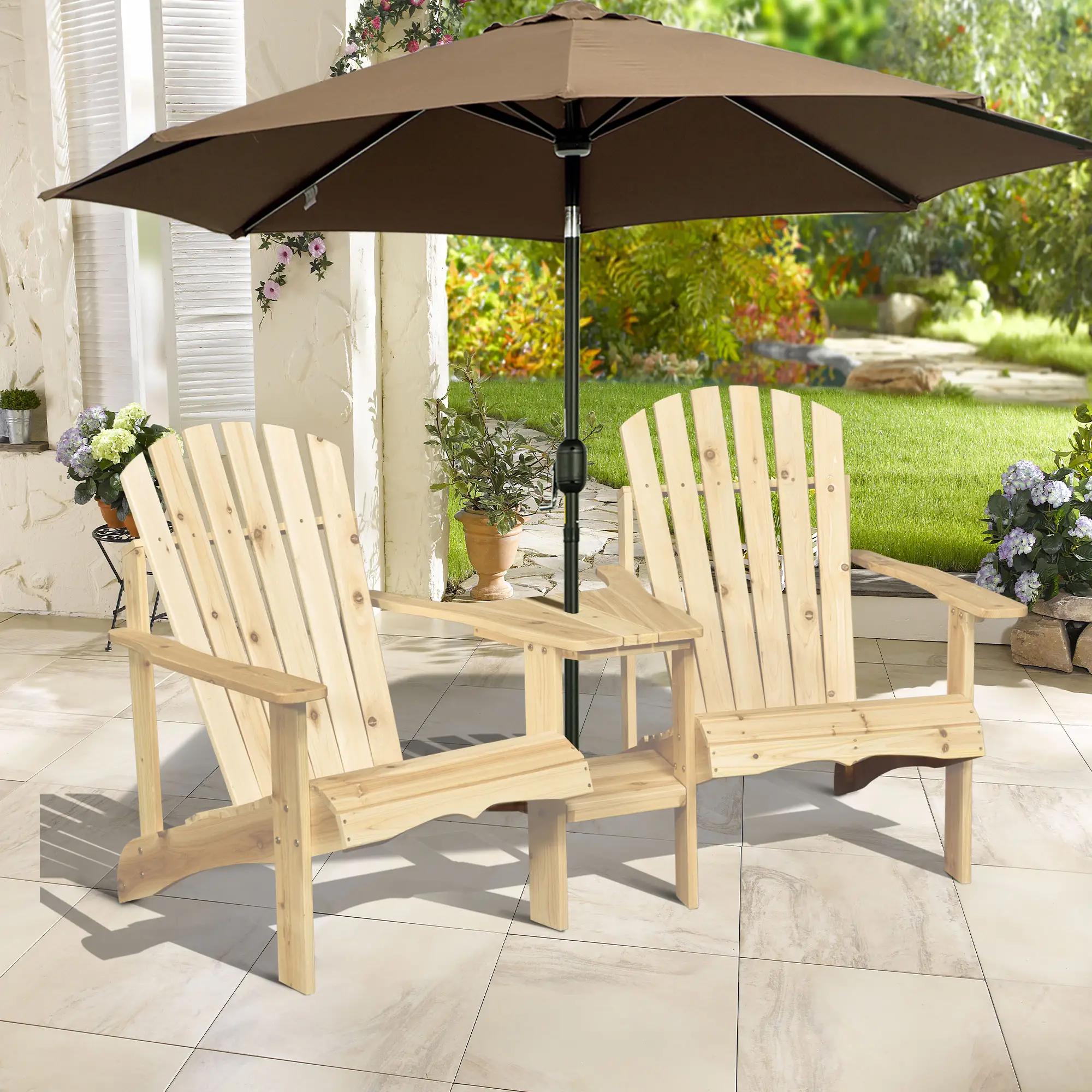 2 Piece Wood Adirondack Chair, Porch Bench w/ Table, Natural - Image 8