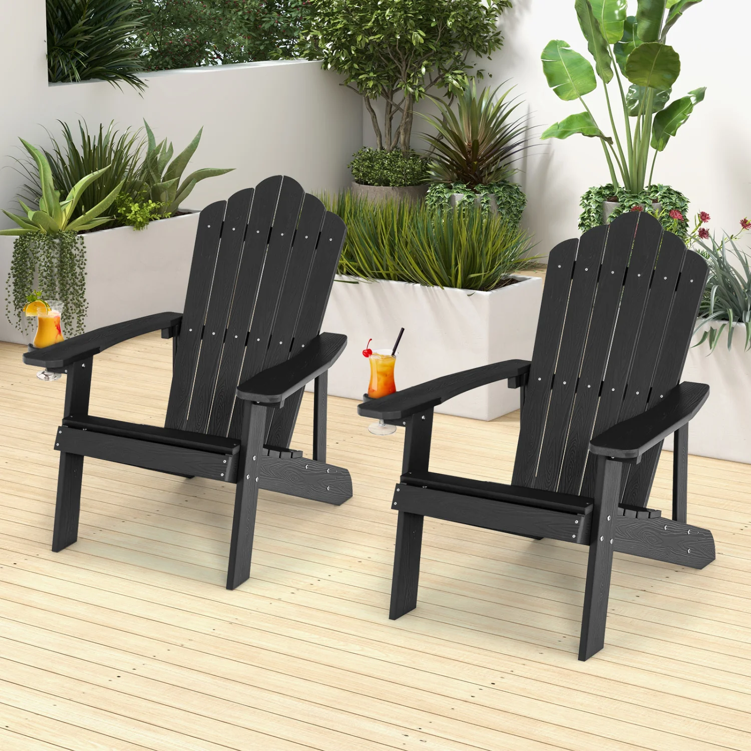 2 Pieces Adirondack Chair Set with Ergonomic Design for Porch and Backyard, Black - Image 2