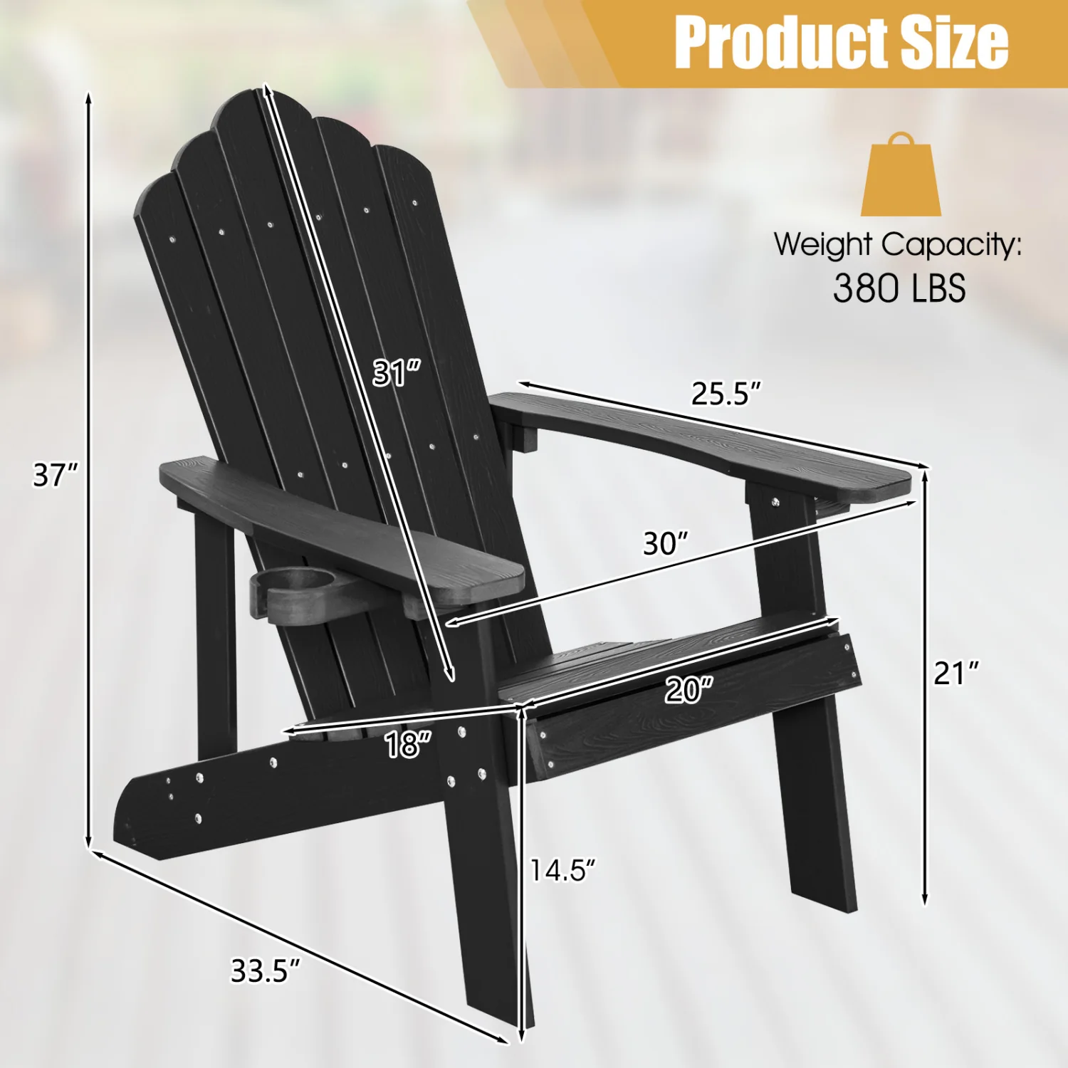 2 Pieces Adirondack Chair Set with Ergonomic Design for Porch and Backyard, Black - Image 4