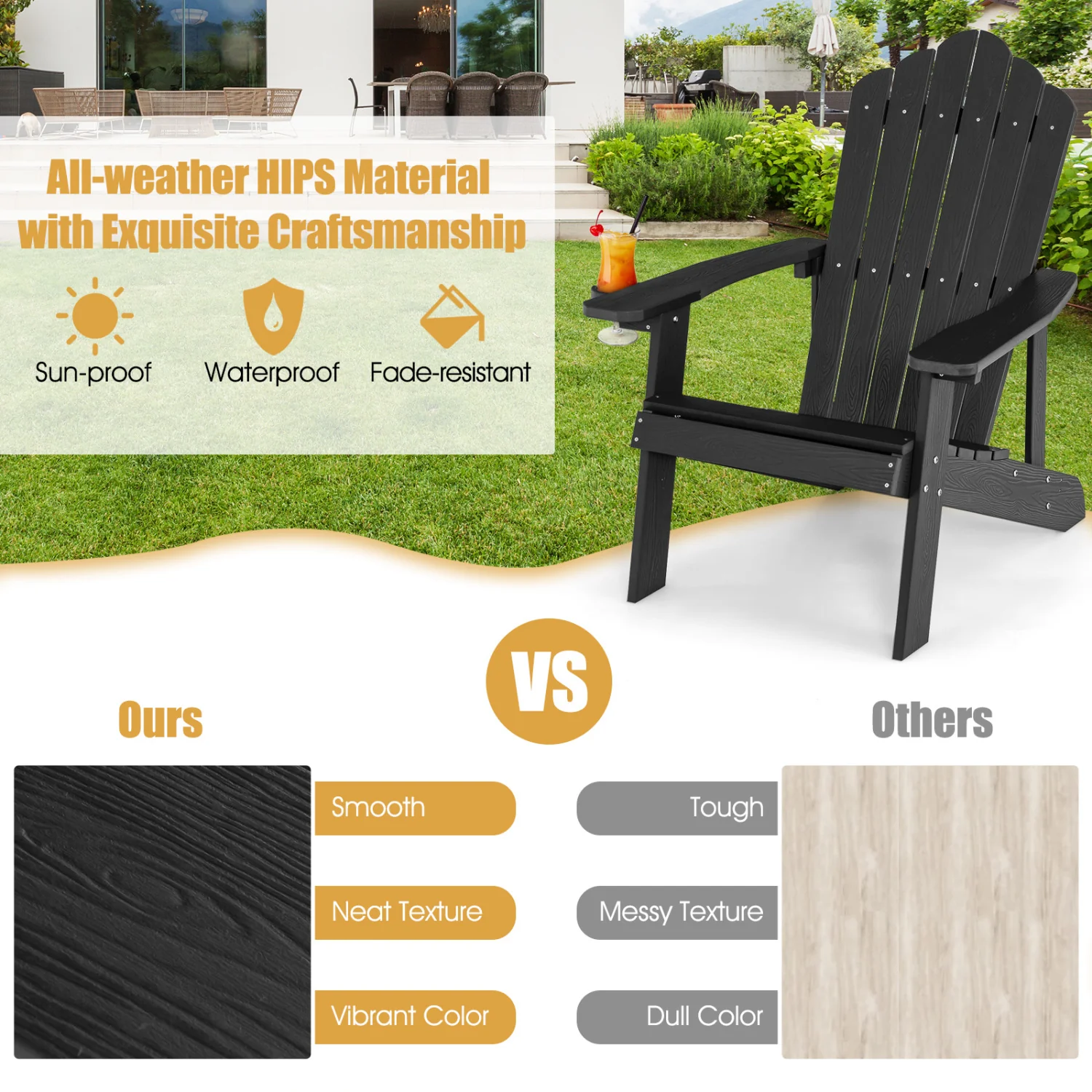 2 Pieces Adirondack Chair Set with Ergonomic Design for Porch and Backyard, Black - Image 7