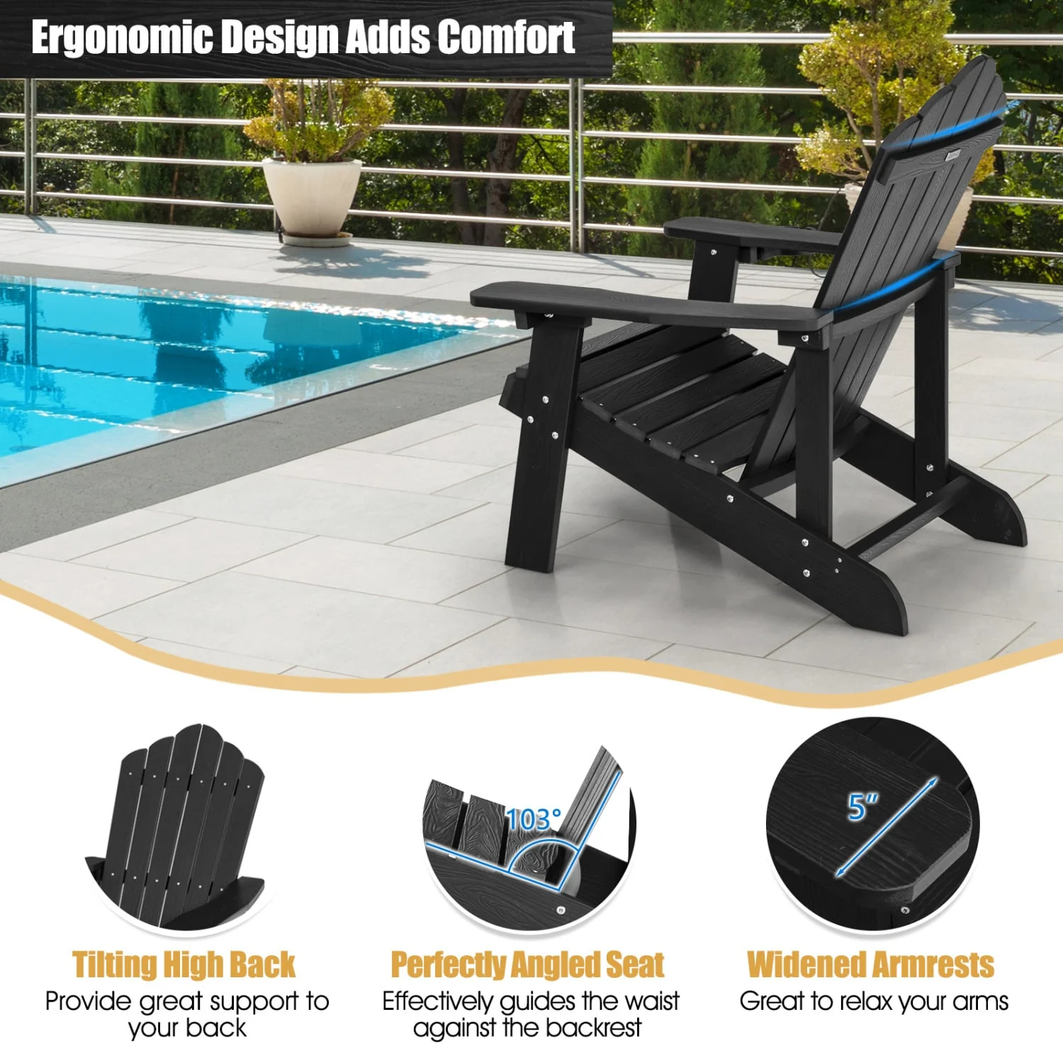 2 Pieces Adirondack Chair Set with Ergonomic Design for Porch and Backyard, Black - Image 8