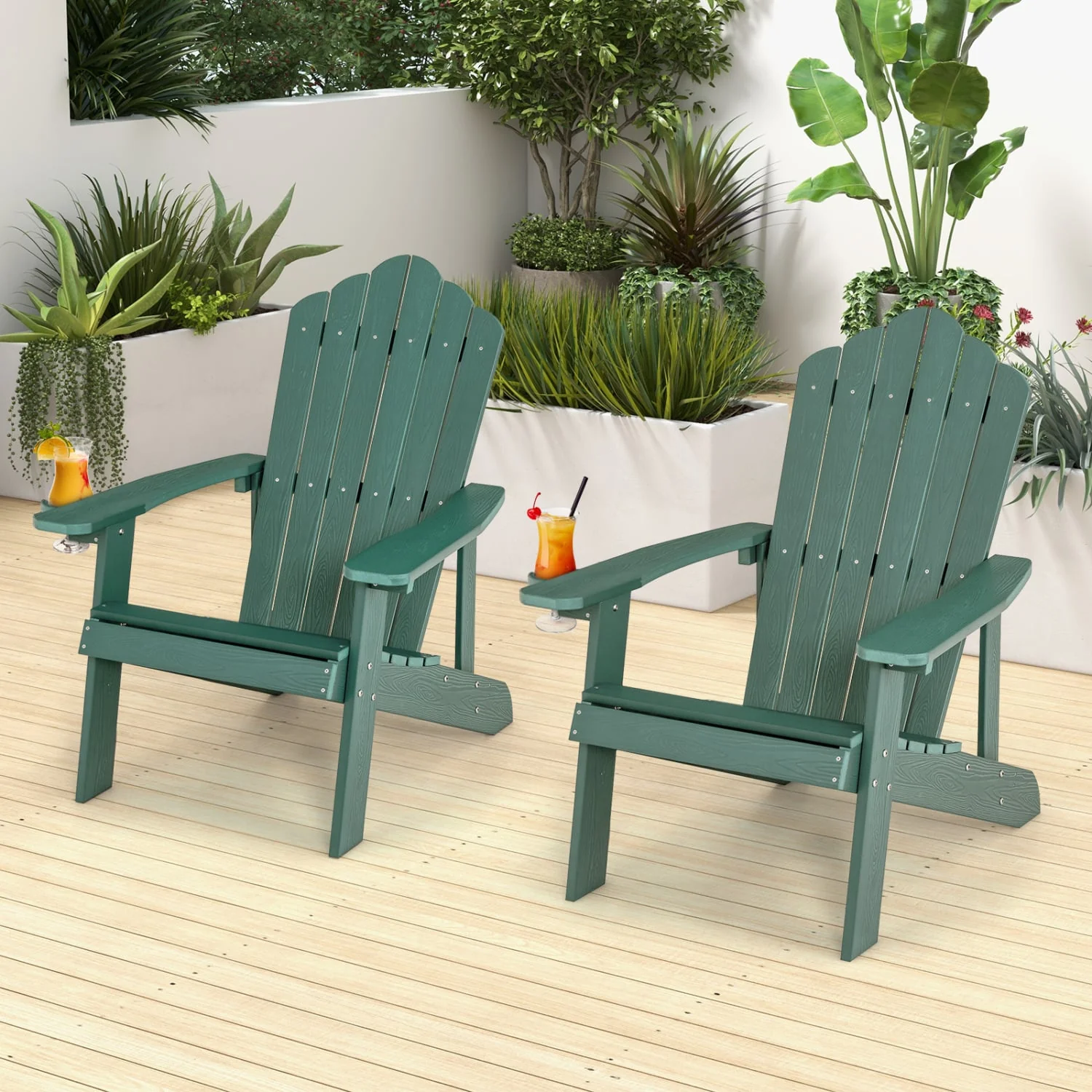 2 Pieces Adirondack Chair Set with Ergonomic Design for Porch and Backyard, Green - Image 2