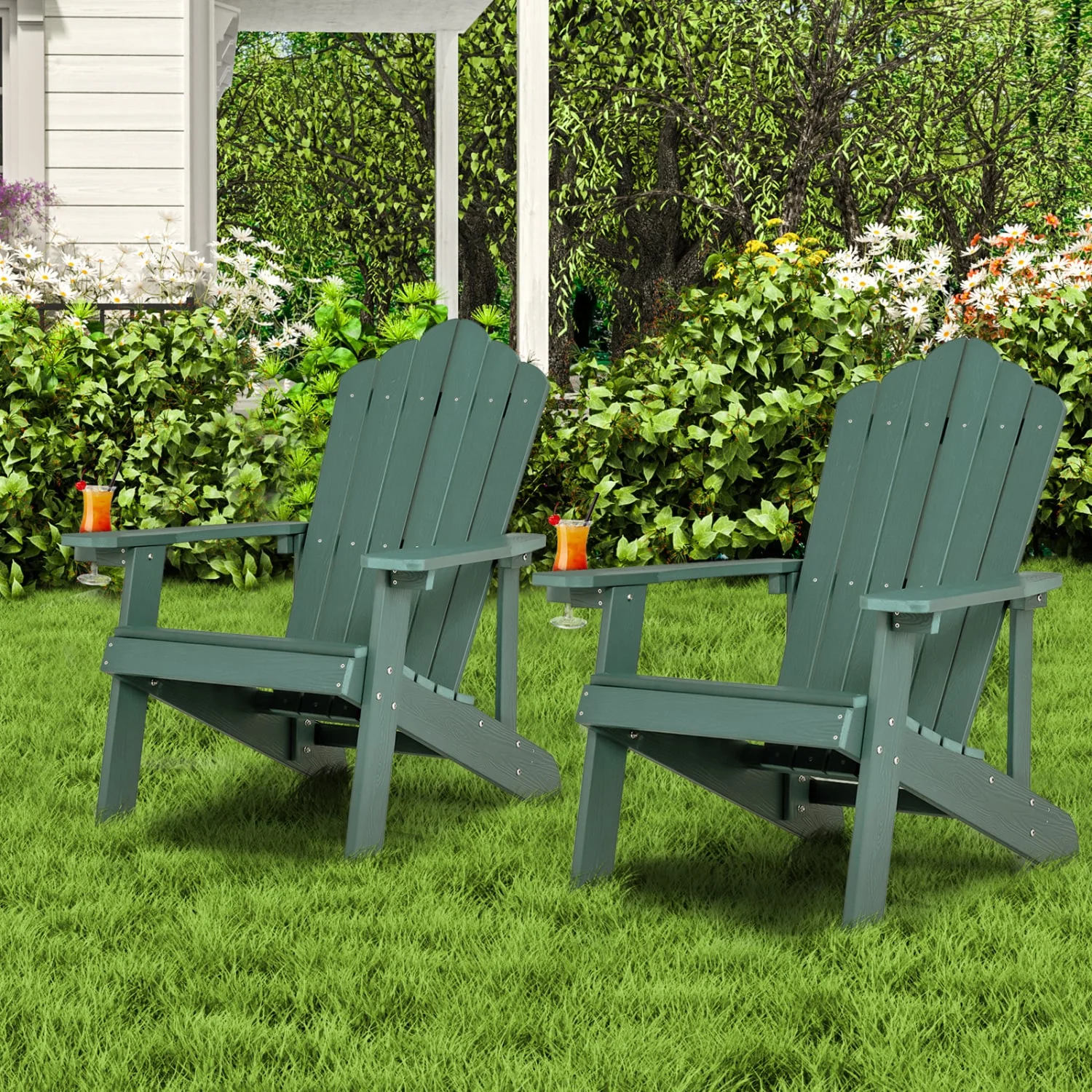 2 Pieces Adirondack Chair Set with Ergonomic Design for Porch and Backyard, Green - Image 3