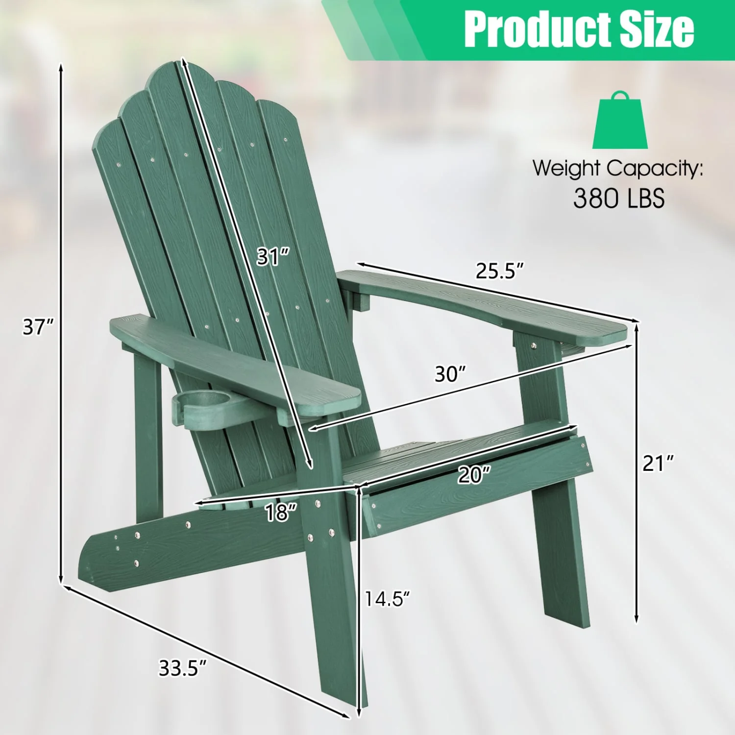 2 Pieces Adirondack Chair Set with Ergonomic Design for Porch and Backyard, Green - Image 4