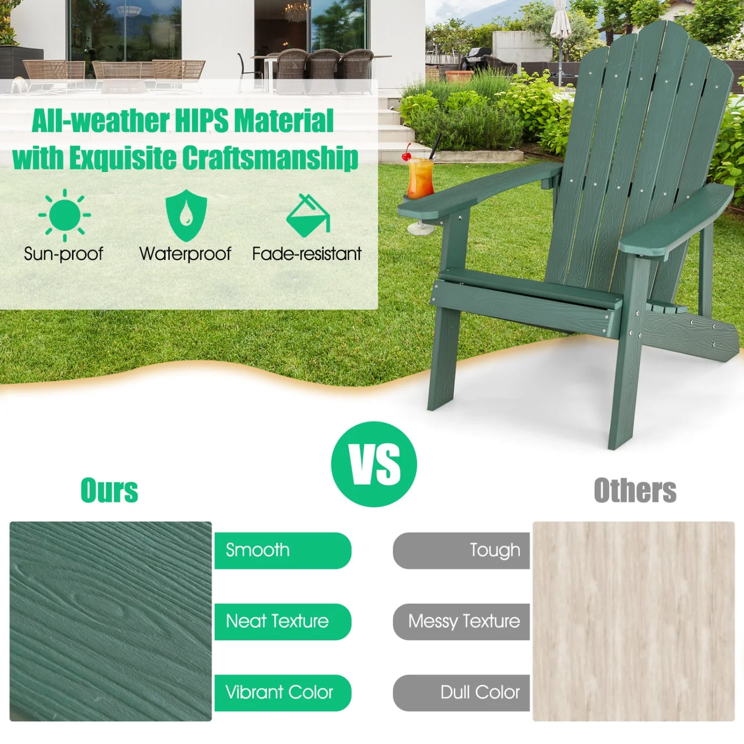 2 Pieces Adirondack Chair Set with Ergonomic Design for Porch and Backyard, Green - Image 6