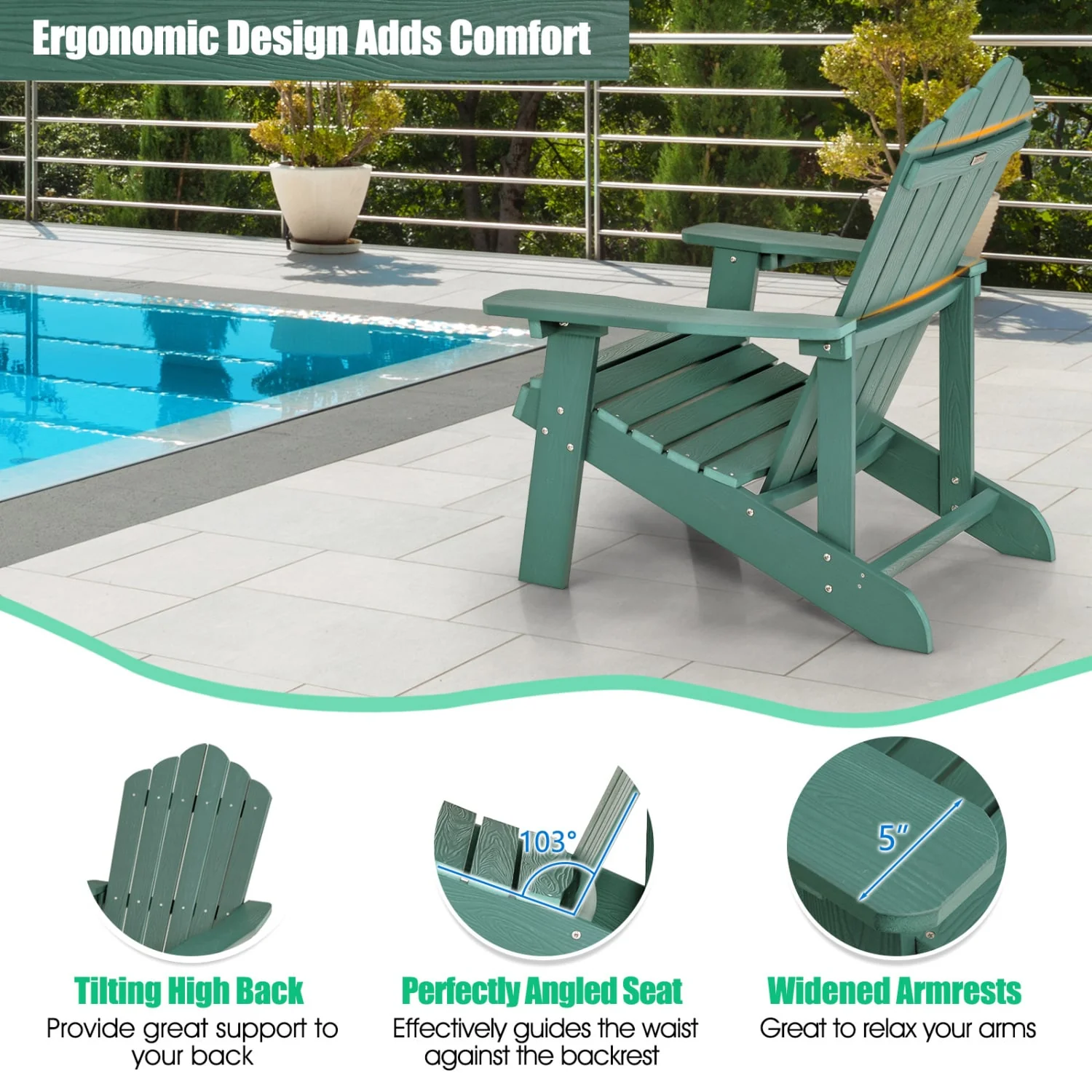 2 Pieces Adirondack Chair Set with Ergonomic Design for Porch and Backyard, Green - Image 7