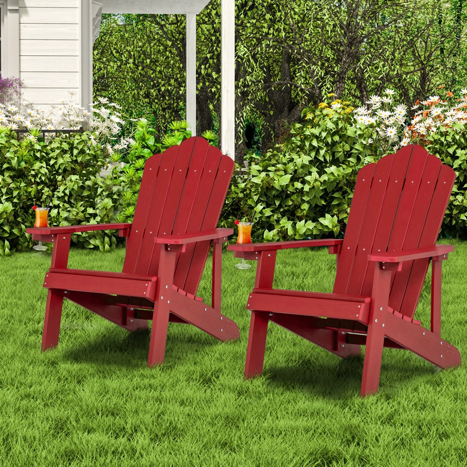 2 Pieces Adirondack Chair Set with Ergonomic Design for Porch and Backyard, Red - Image 3