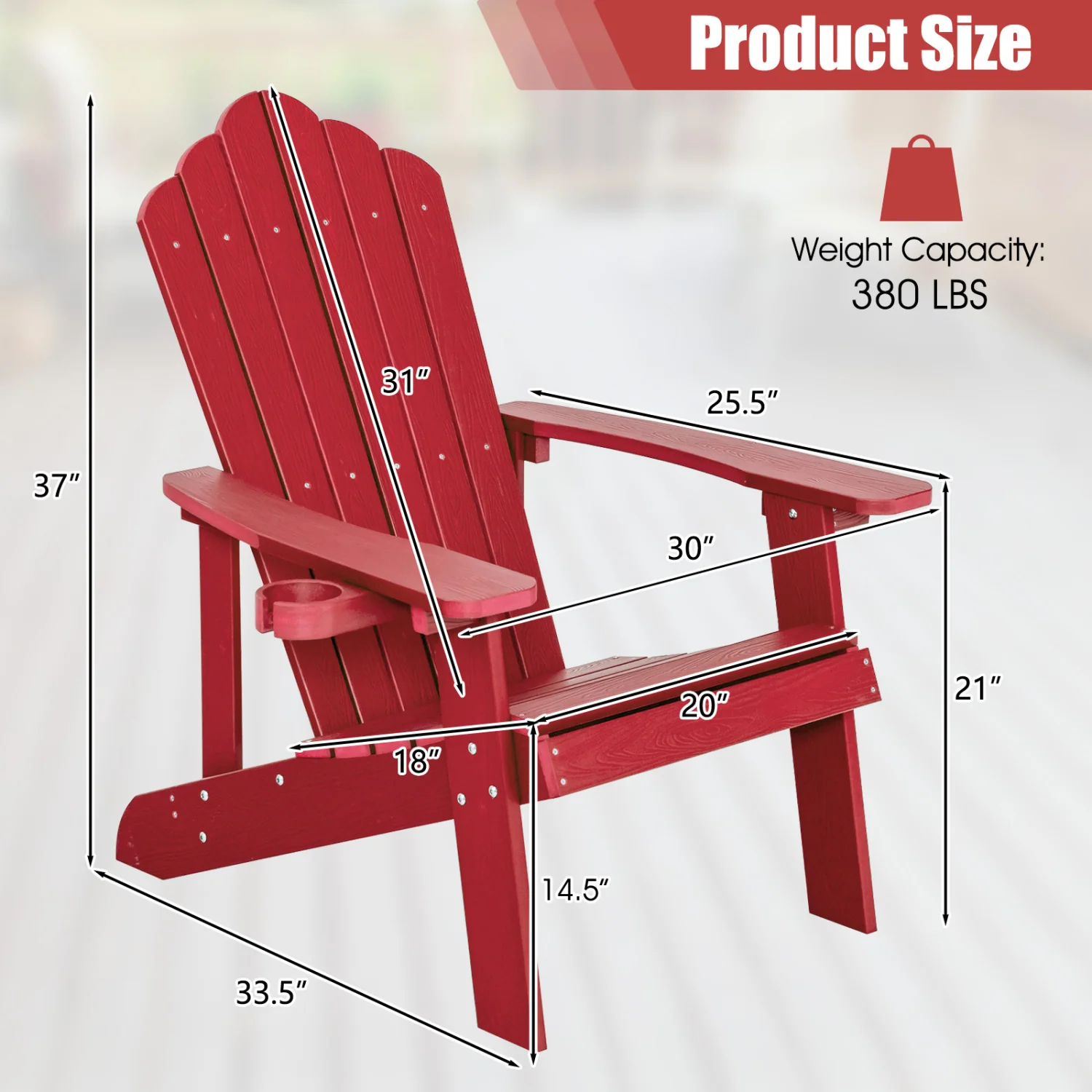 2 Pieces Adirondack Chair Set with Ergonomic Design for Porch and Backyard, Red - Image 4