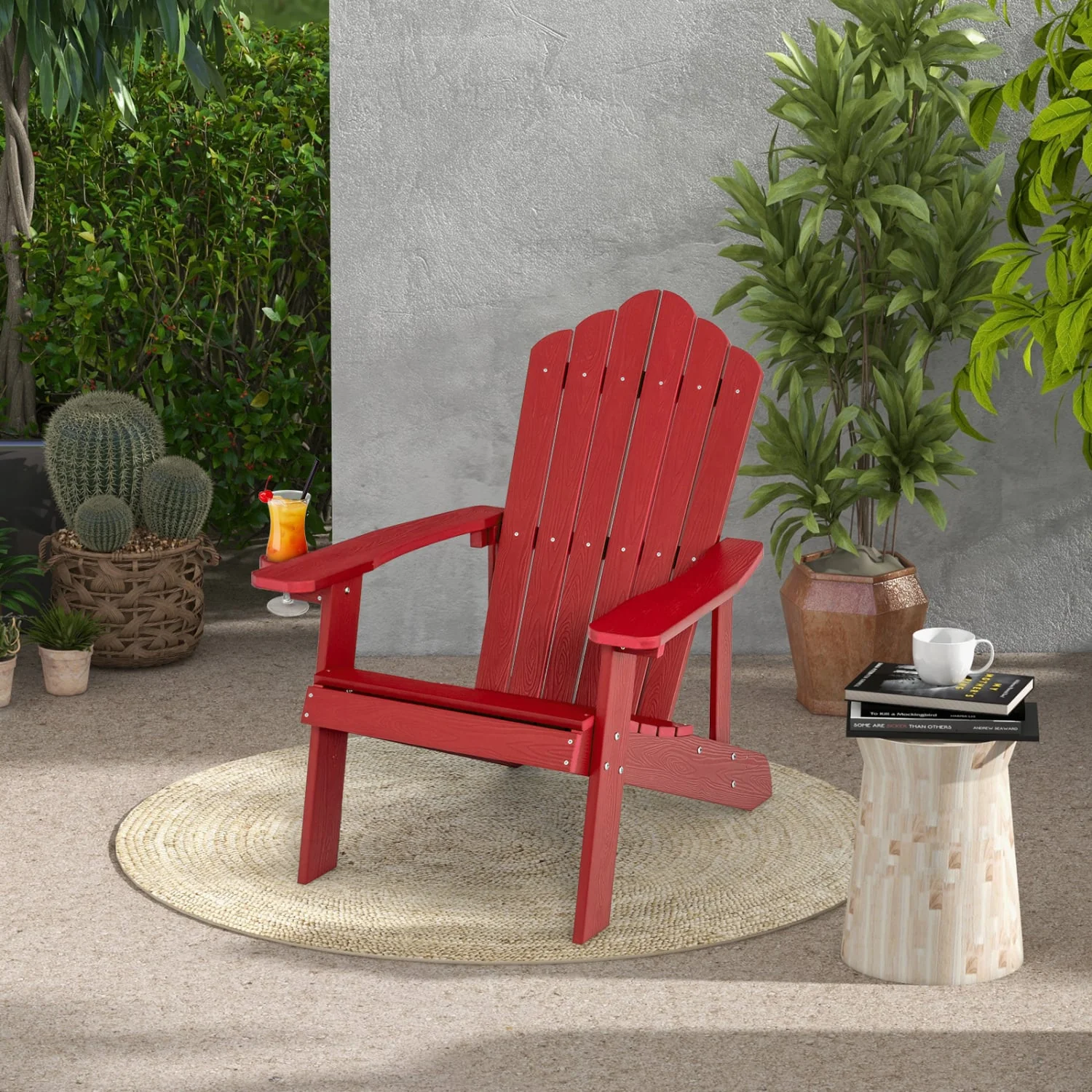2 Pieces Adirondack Chair Set with Ergonomic Design for Porch and Backyard, Red - Image 5