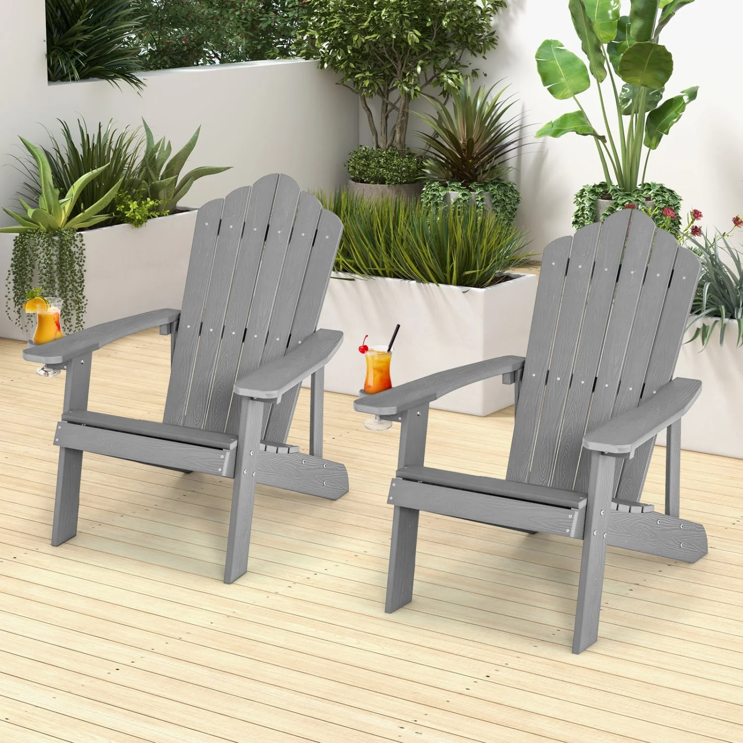 2 Pieces Adirondack Chair Set with Ergonomic Design for Porch and Backyard, Silver Gray - Image 2