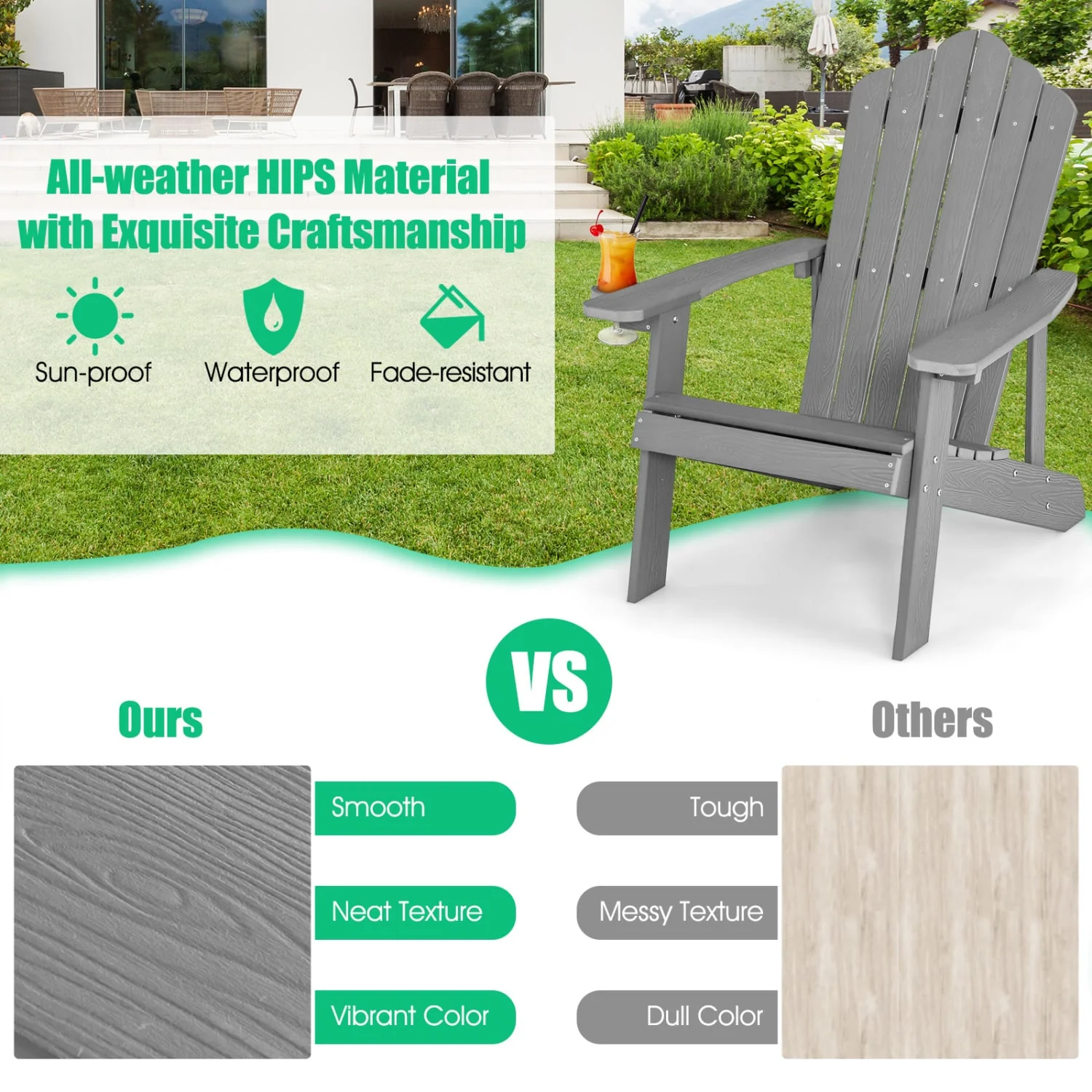 2 Pieces Adirondack Chair Set with Ergonomic Design for Porch and Backyard, Silver Gray - Image 7