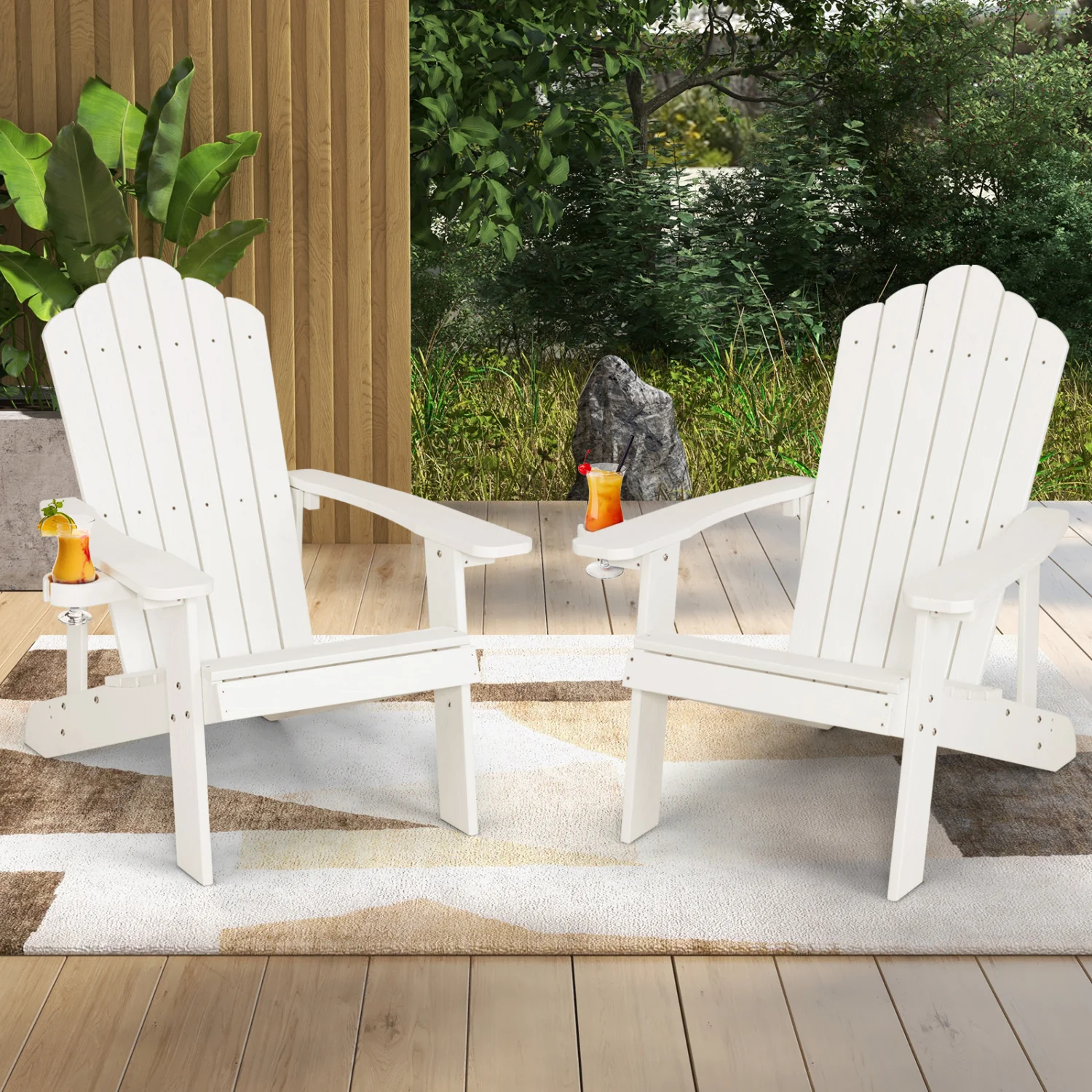 2 Pieces Adirondack Chair Set with Ergonomic Design for Porch and Backyard, White - Image 2