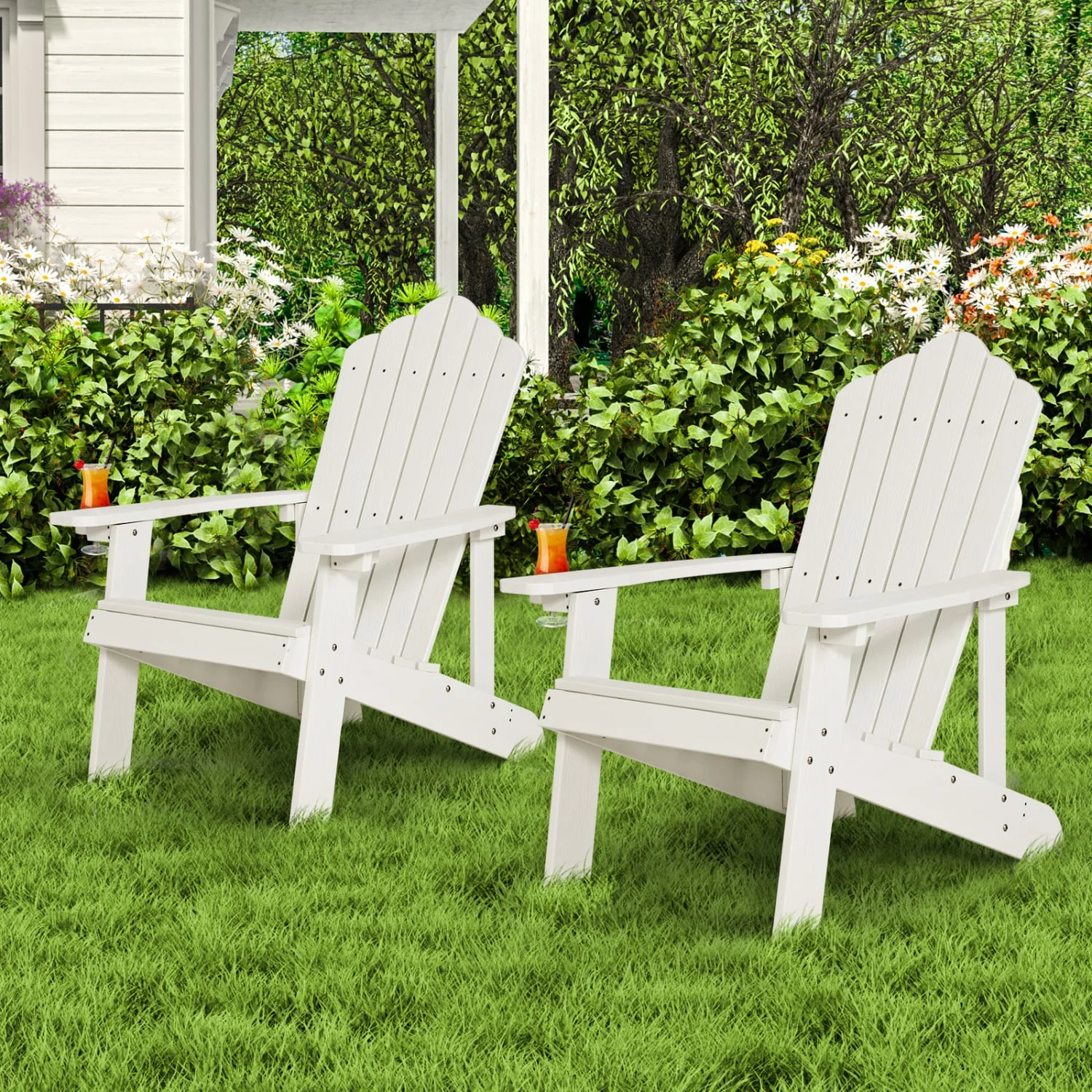 2 Pieces Adirondack Chair Set with Ergonomic Design for Porch and Backyard, White - Image 3