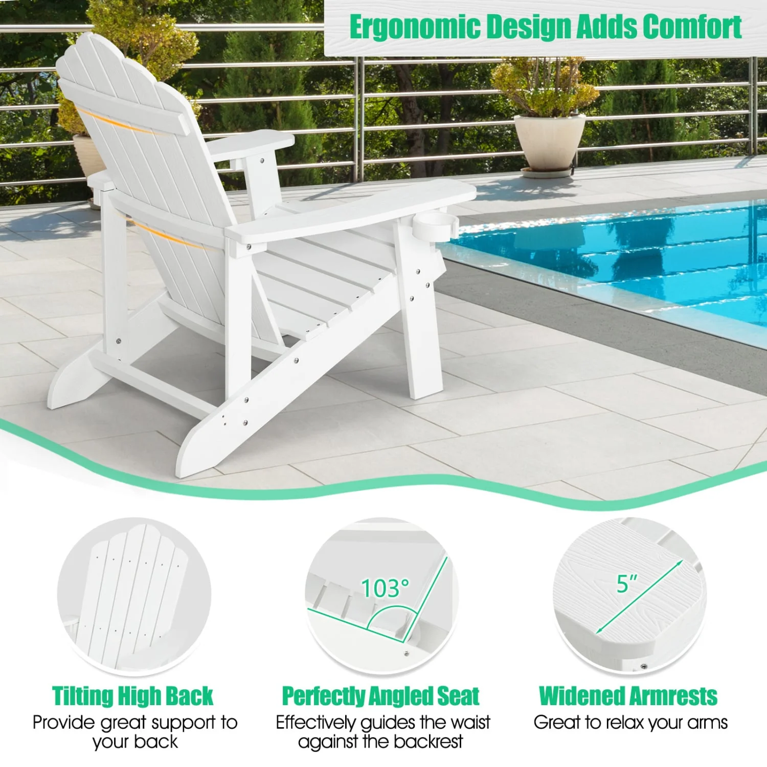 2 Pieces Adirondack Chair Set with Ergonomic Design for Porch and Backyard, White - Image 8