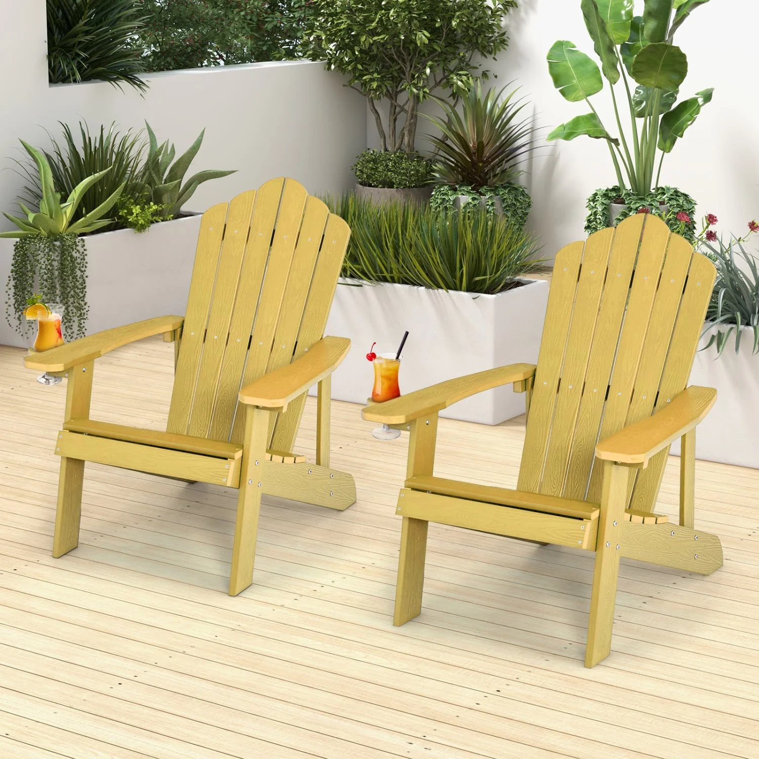 2 Pieces Adirondack Chair Set with Ergonomic Design for Porch and Backyard, Yellow - Image 2